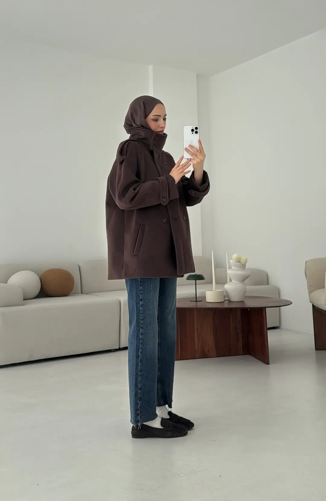 Kuşaklı Oversize Kaşe Kaban Kahve