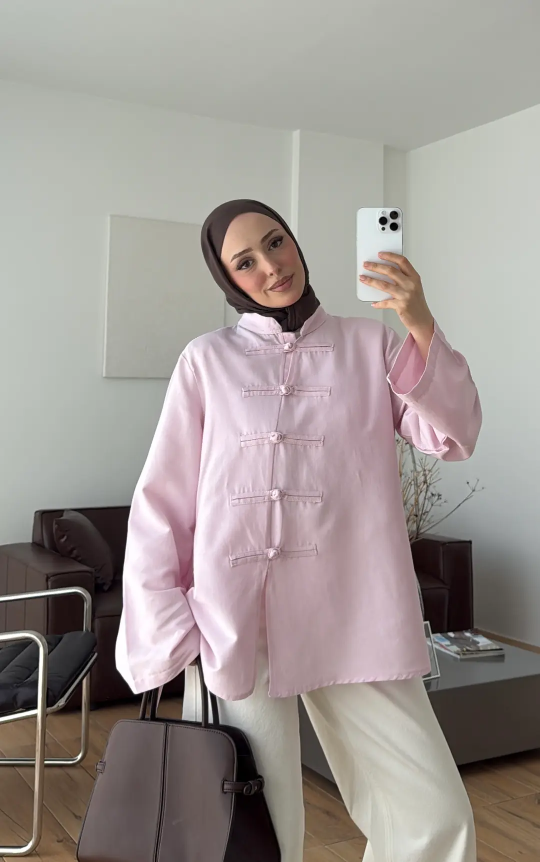 Süslü Düğmeli Keten Bluz Pembe