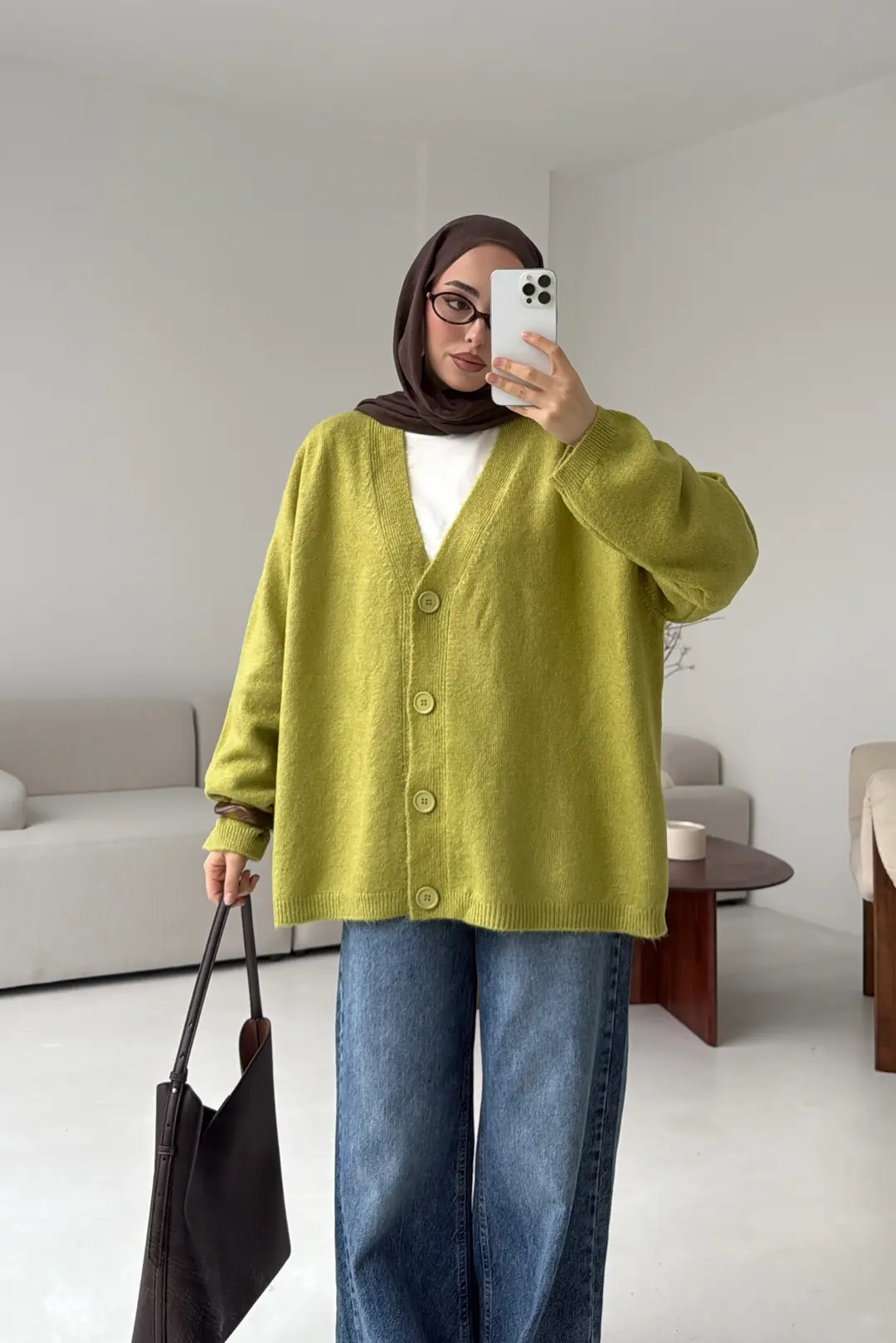 Oversize Yünlü Kazak Yağ Yeşili
