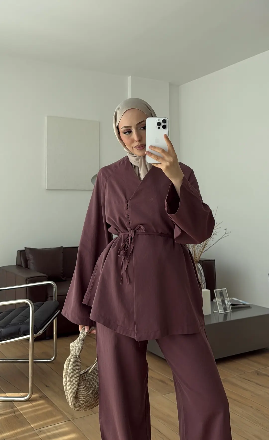 Sık Düğmeli Keten Takım Mürdüm
