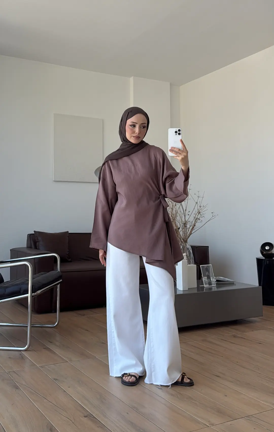 Yandan Bağlamalı Asimetri Bluz Vizon