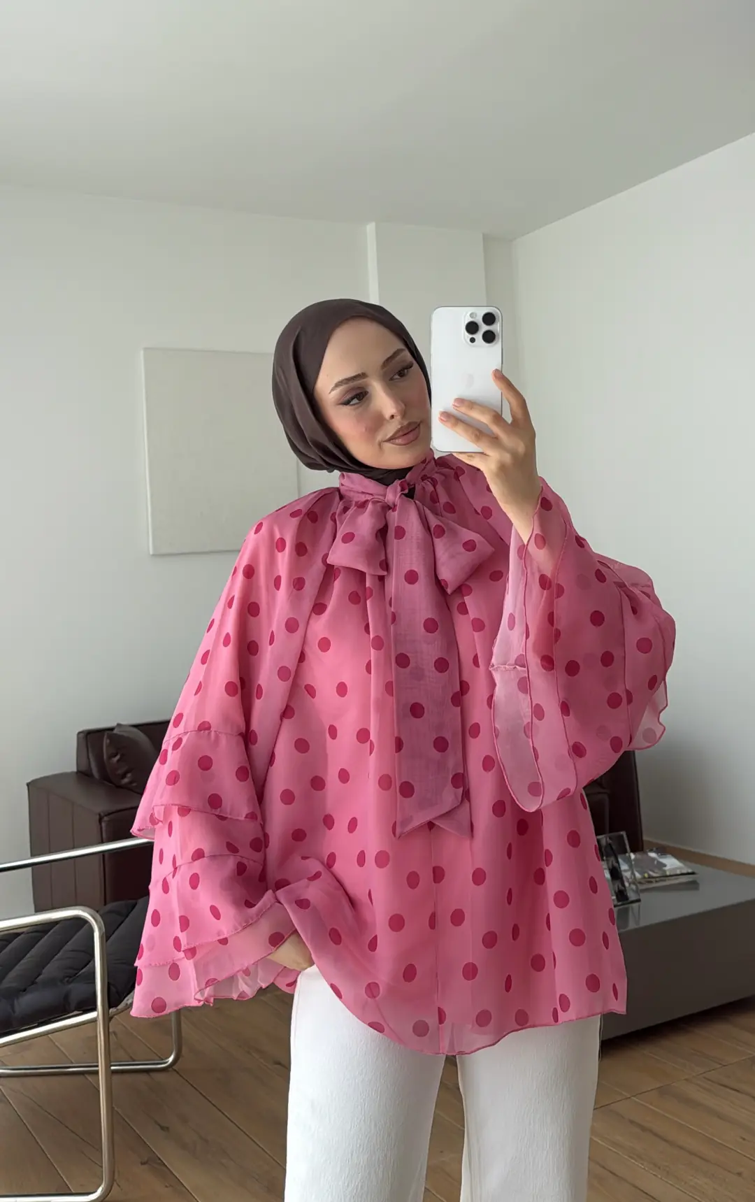 Oryo Puantiyeli Şifon Bluz Pembe