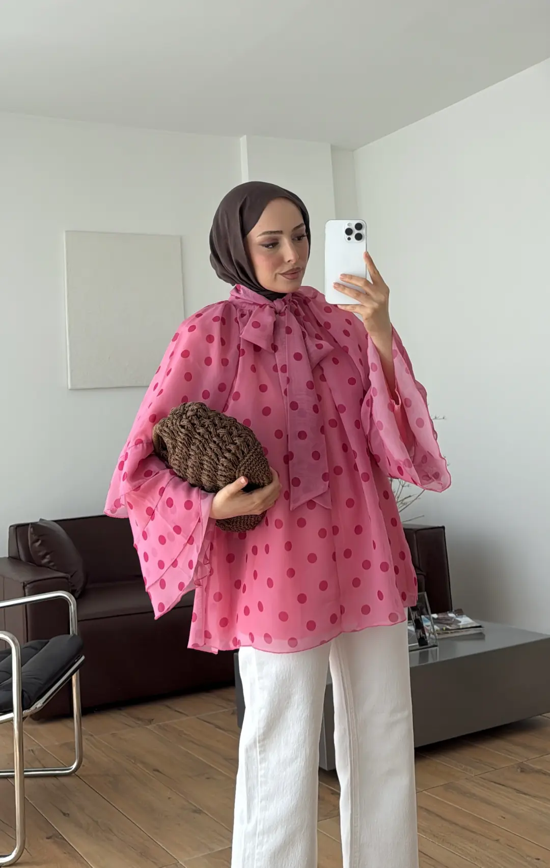 Oryo Puantiyeli Şifon Bluz Pembe