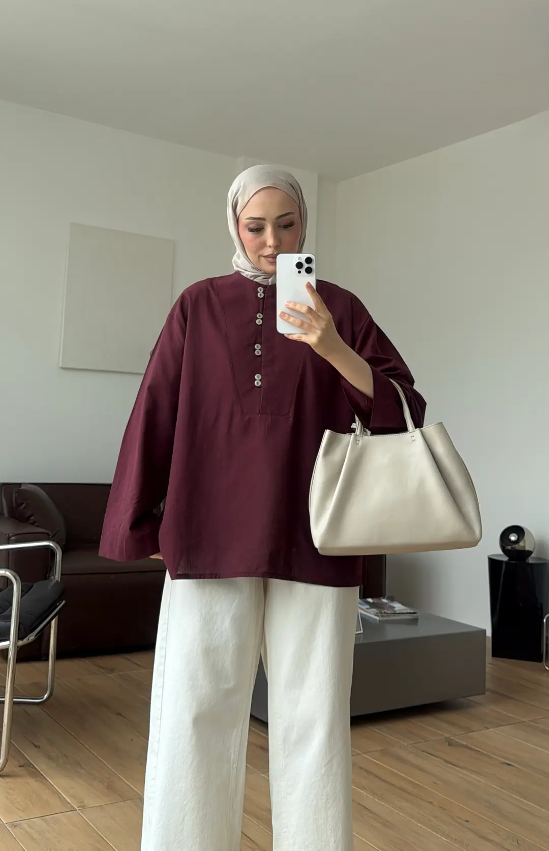 Önden Birit Düğmeli Keten Gömlek Bordo