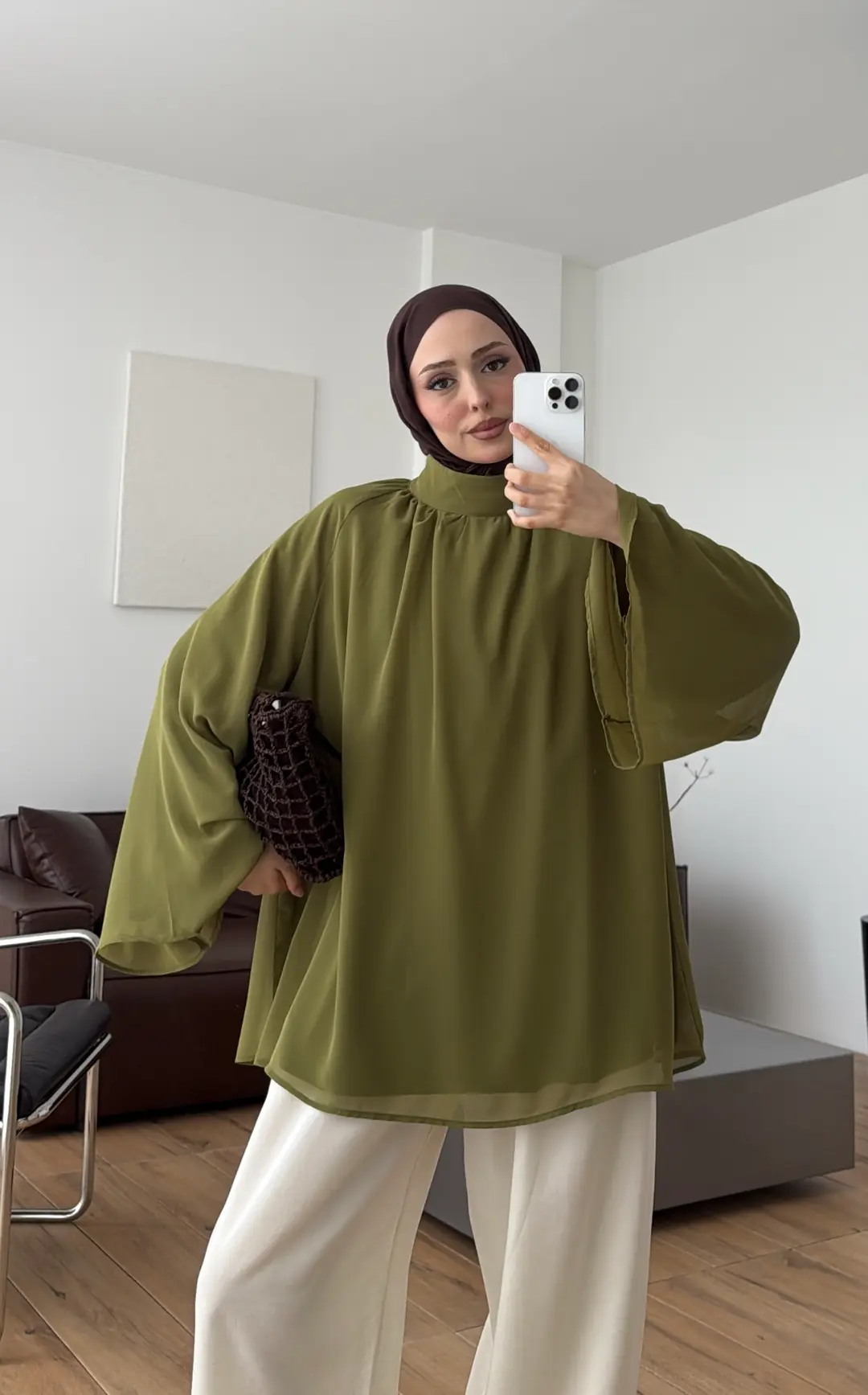 Şifon Dökümlü Bluz Olive