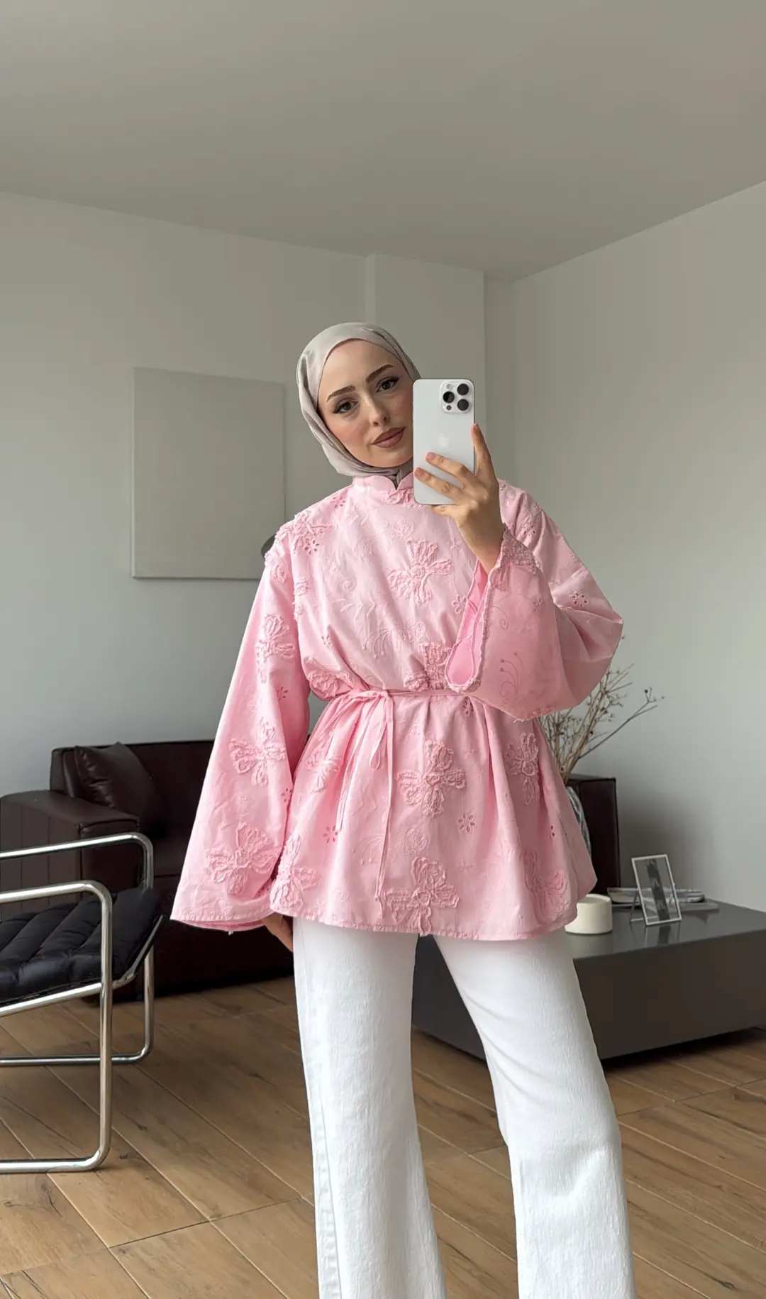 Dantelli Hakim Yaka Bluz Pembe