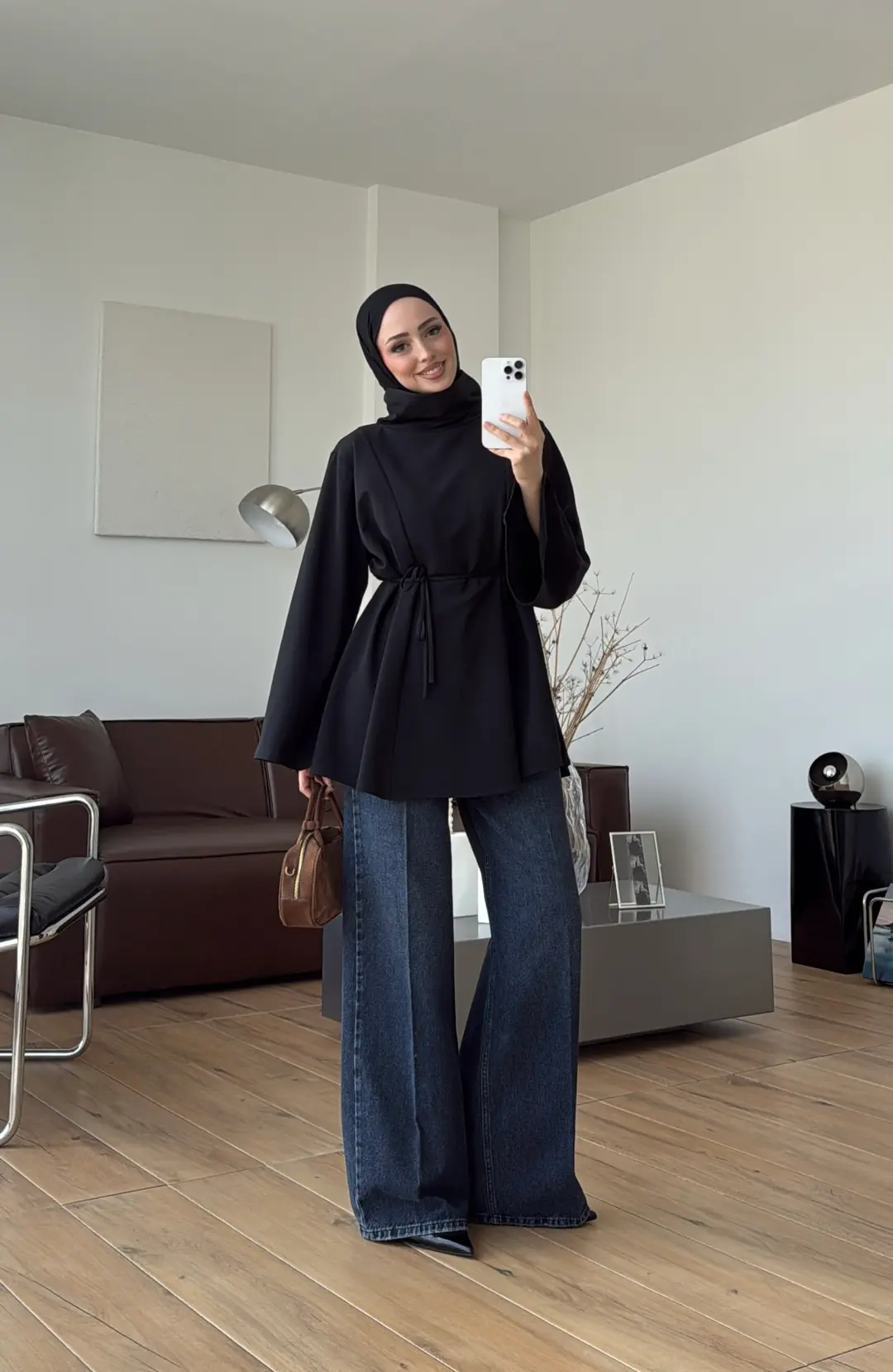 Bel Bağlamalı Dik Yaka Tunik Siyah