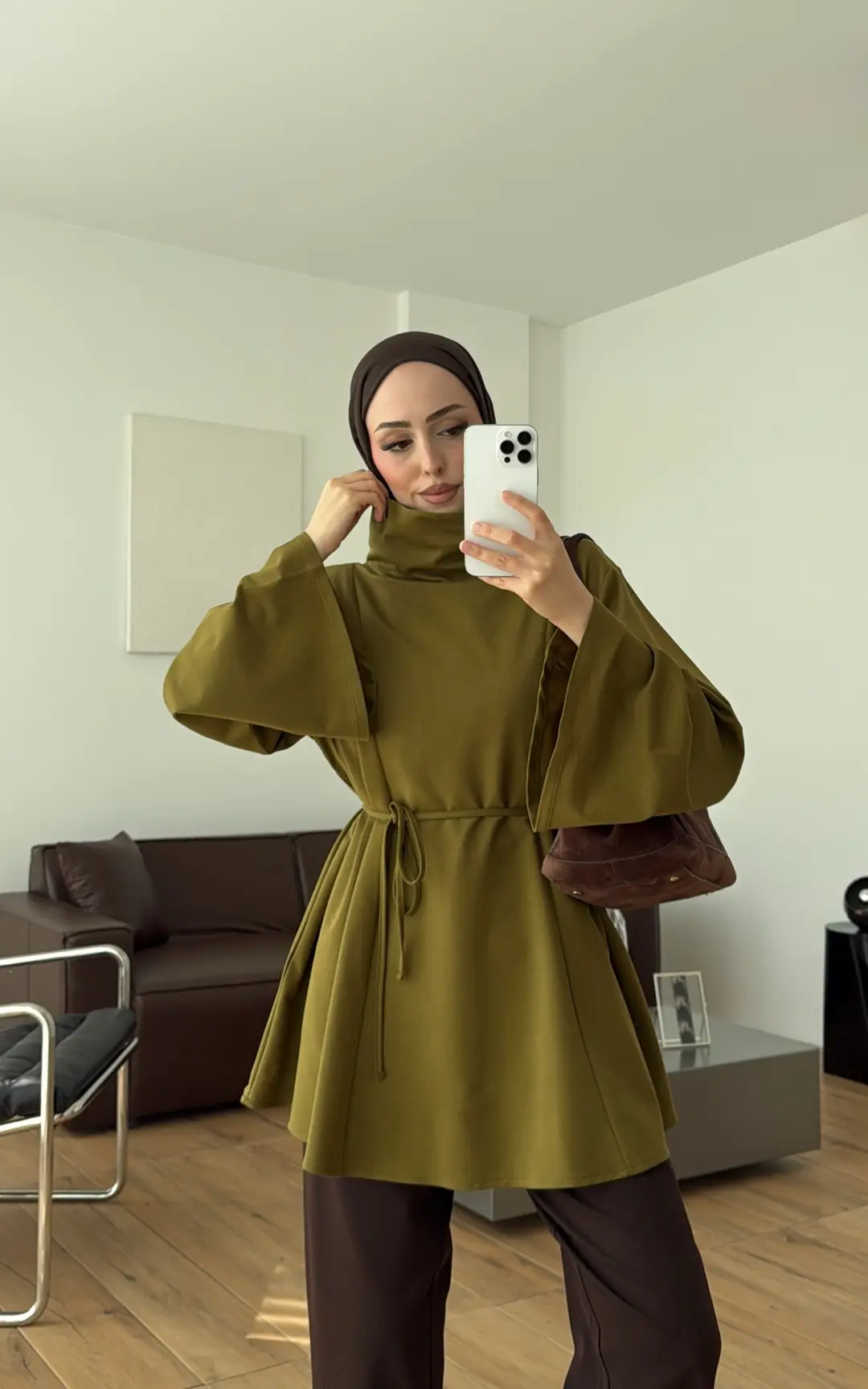 Bel Bağlamalı Dik Yaka Tunik Olive
