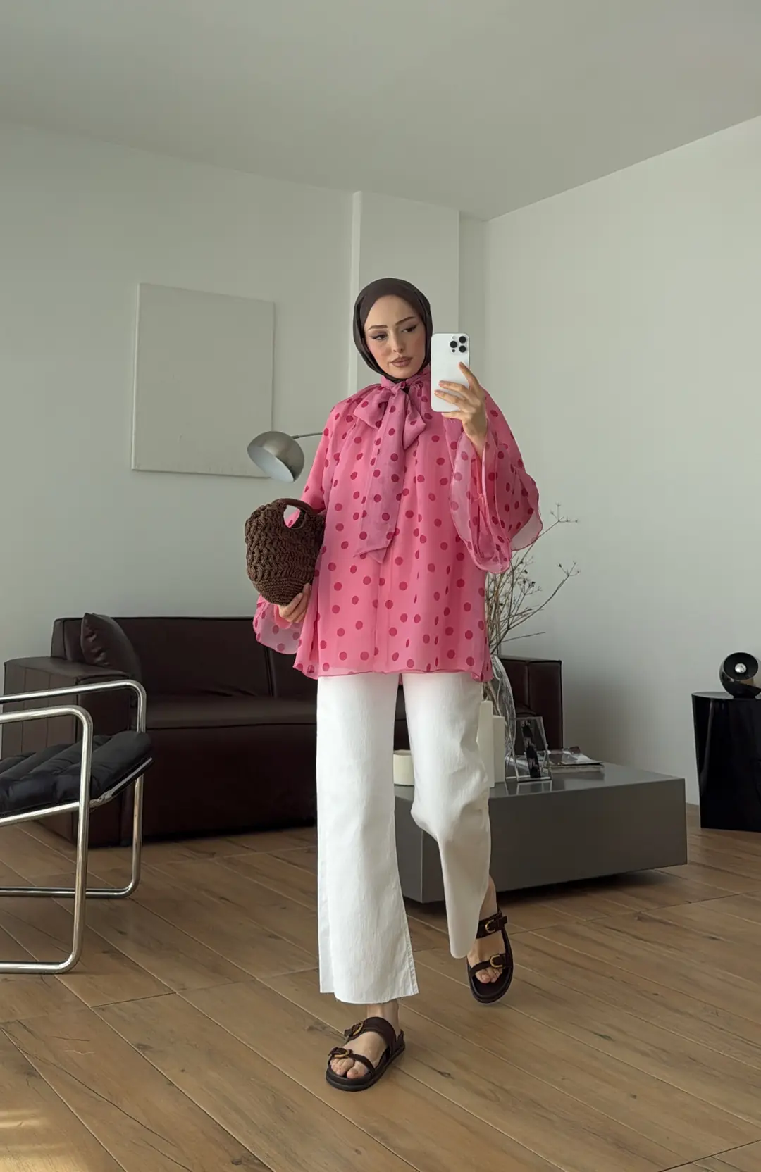 Oryo Puantiyeli Şifon Bluz Pembe