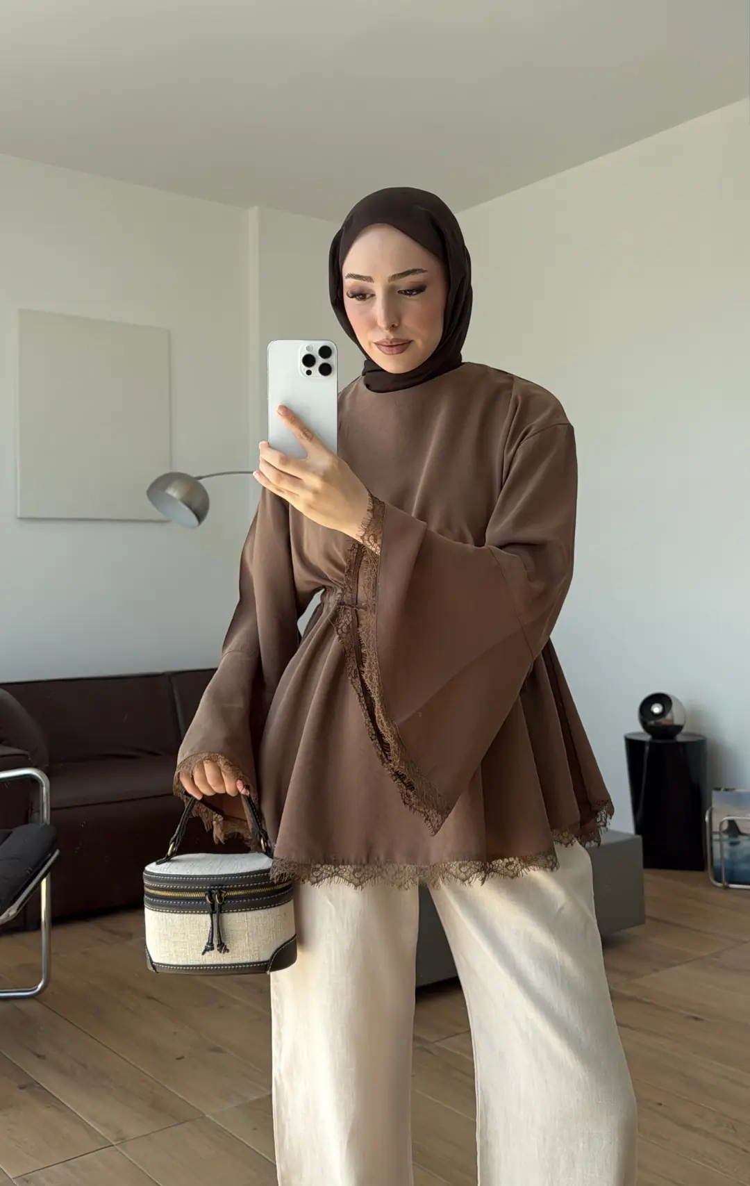 Lace Bel Detay Tunik Açık Kahve