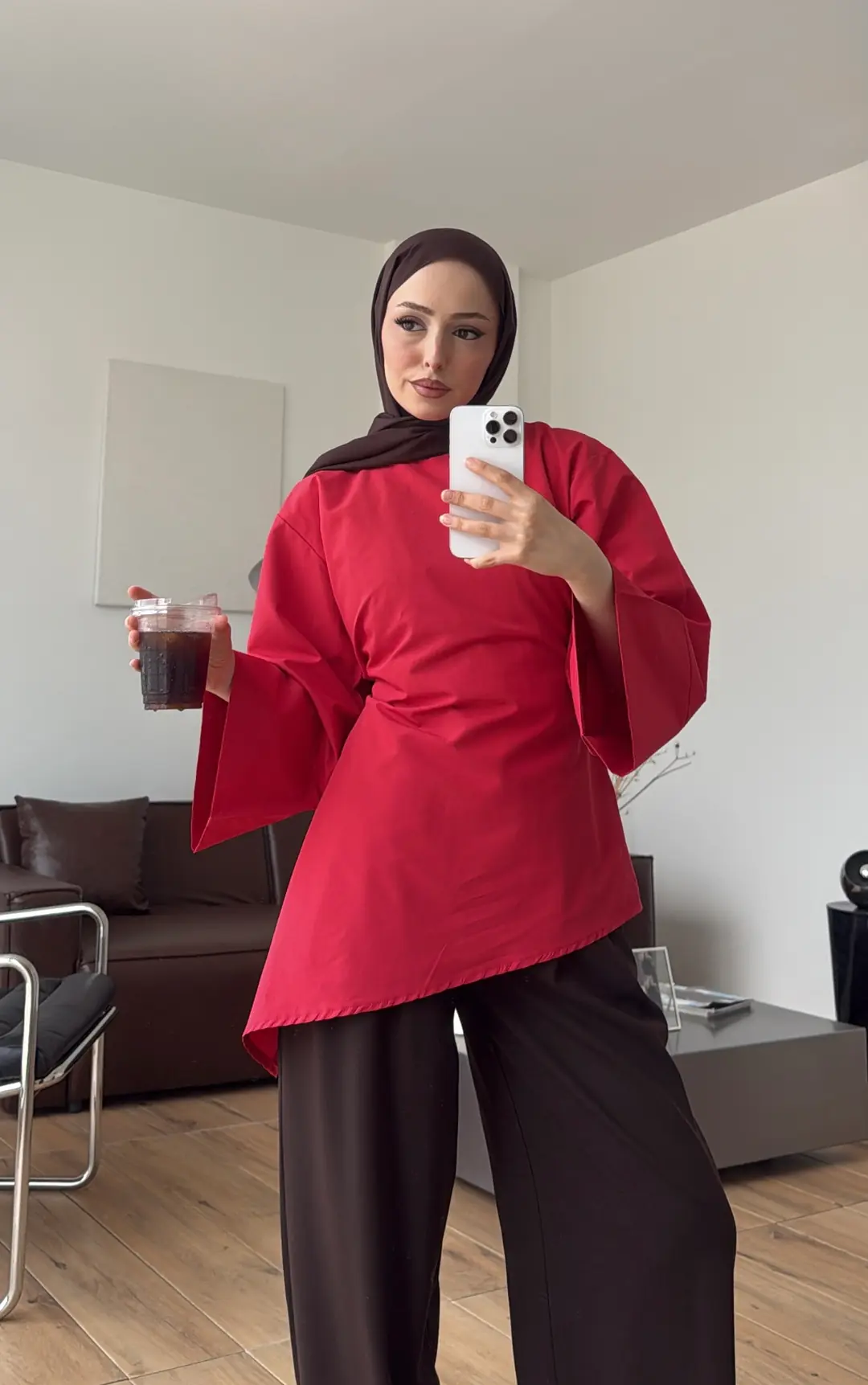Ela Poplin Kalın Manşetli Bluz Kırmızı