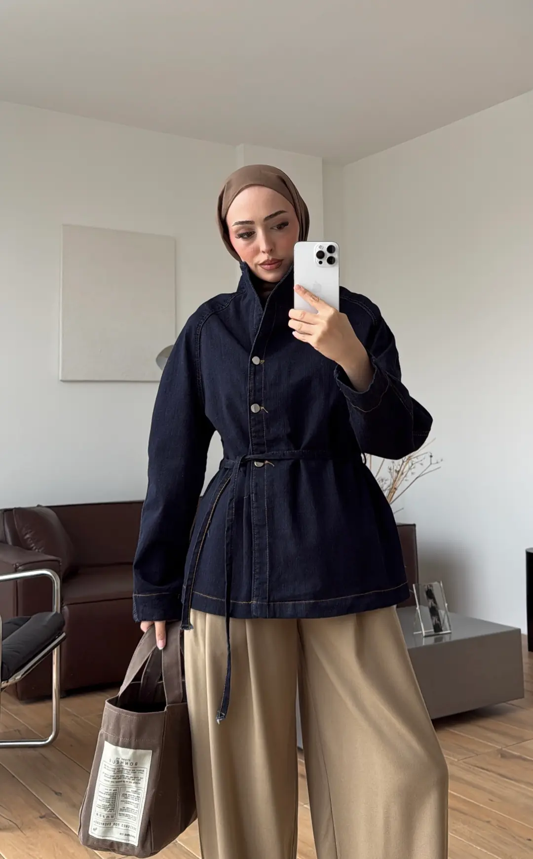 Dik Yaka Lacivert Denim Ceket