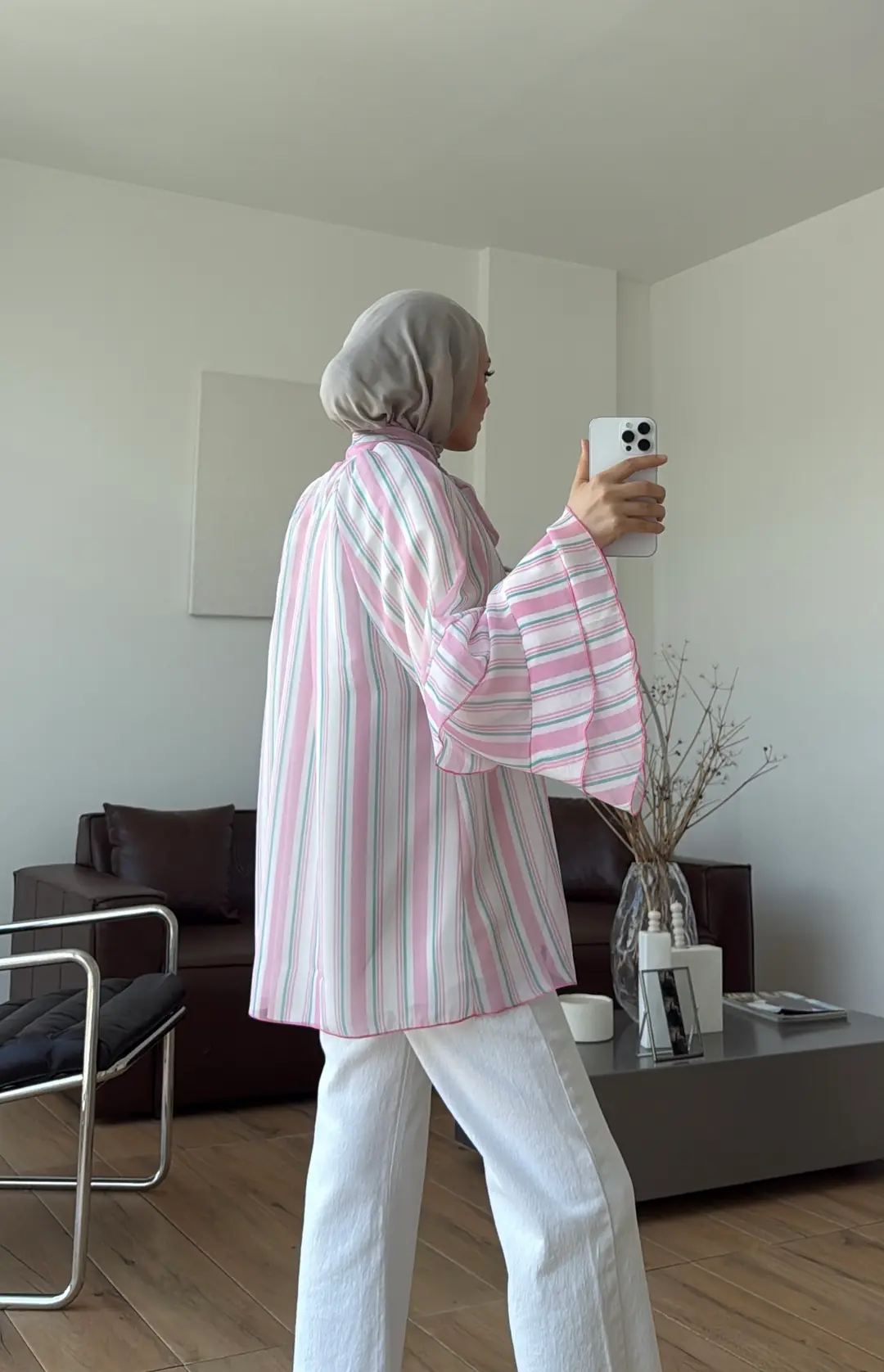 Oryo Çizgili Şifon Bluz Pembe