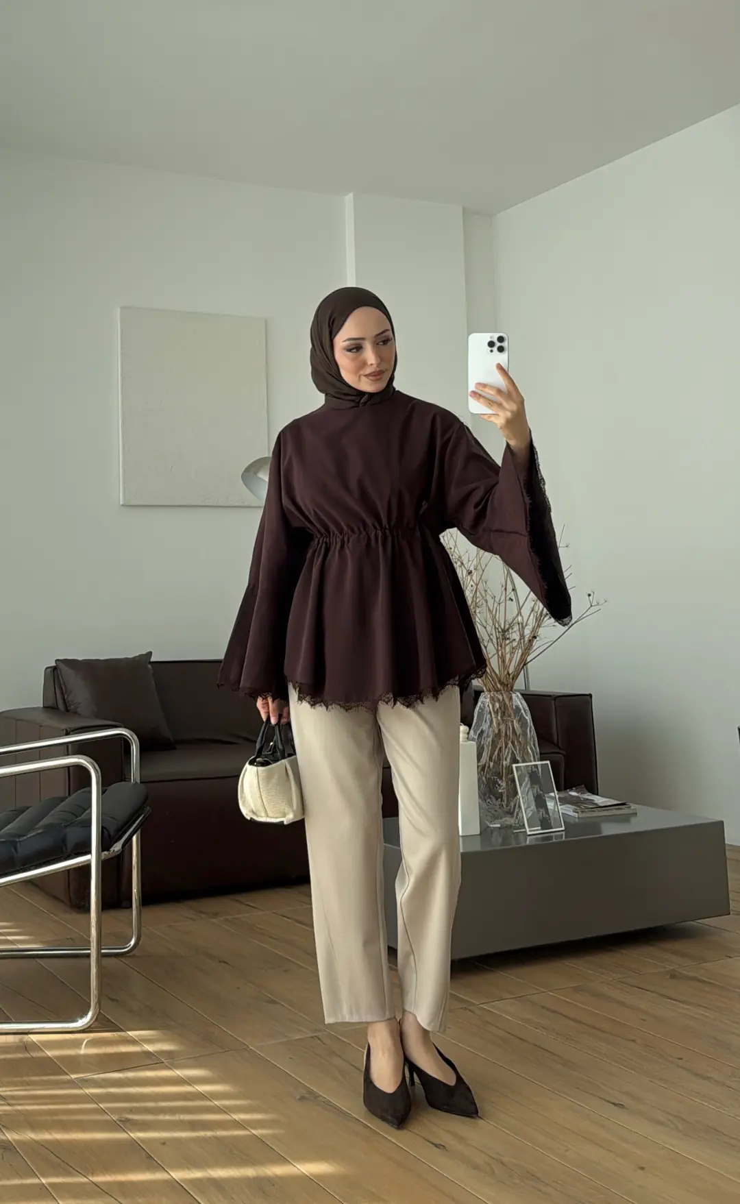 Lace Bel Detay Tunik Kahve