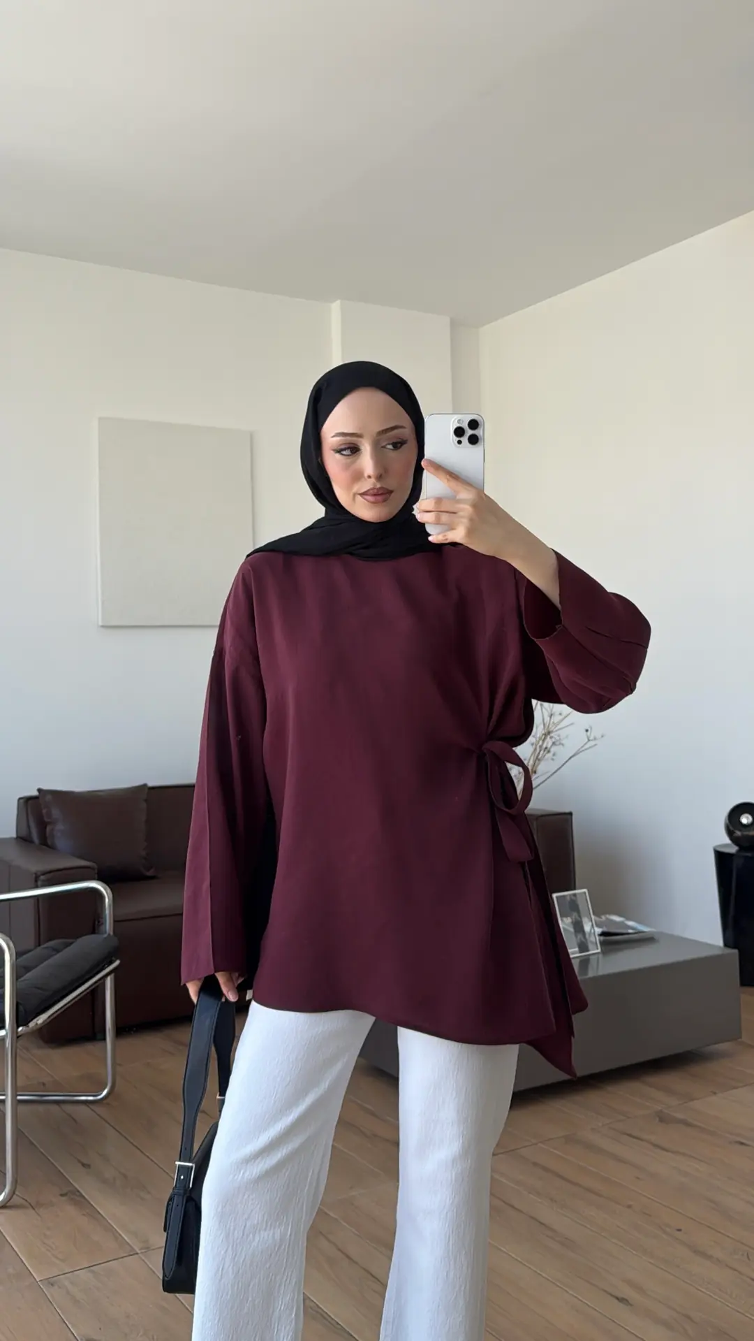 Yandan Bağlamalı Asimetri Bluz Bordo