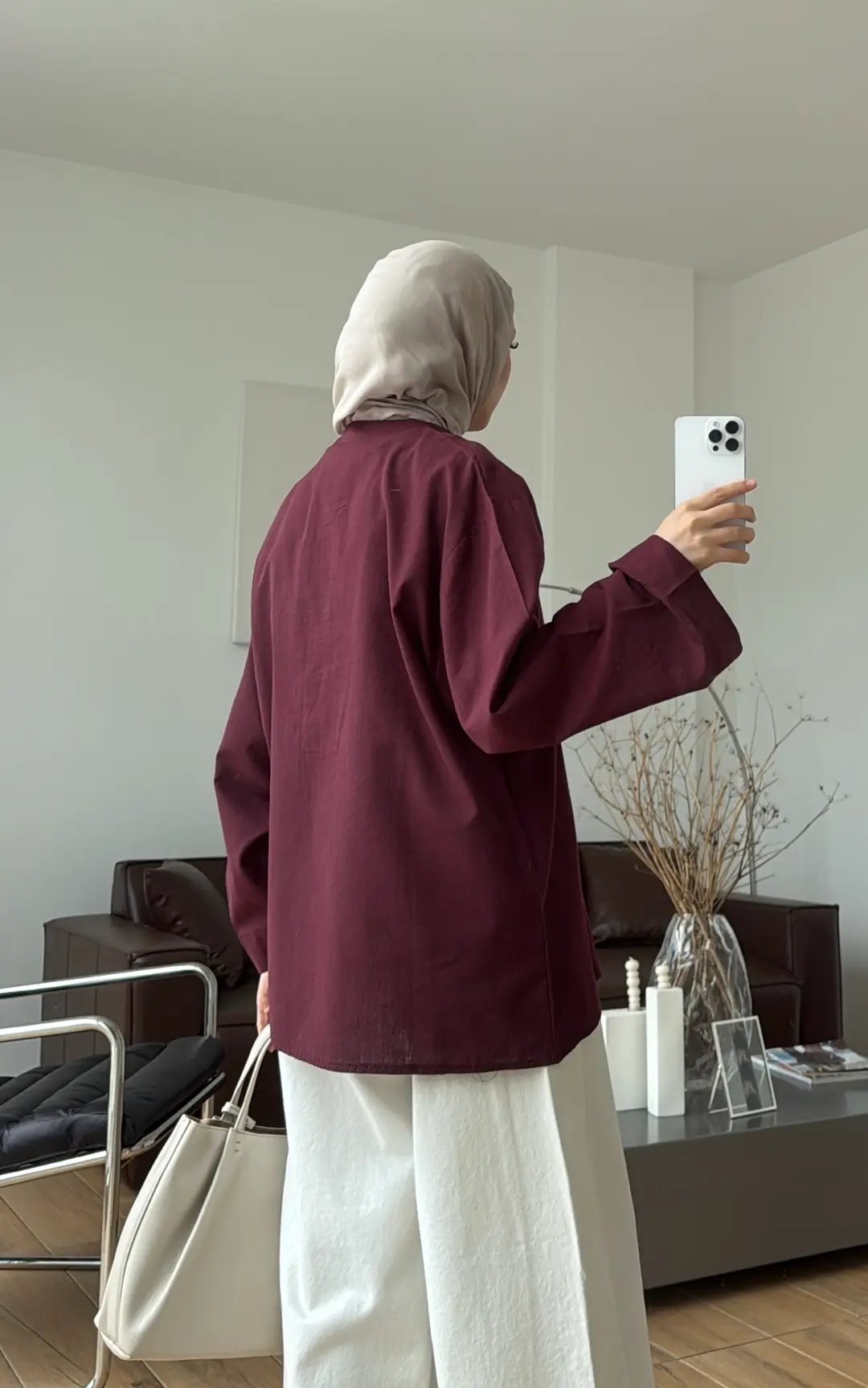 Önden Birit Düğmeli Keten Gömlek Bordo