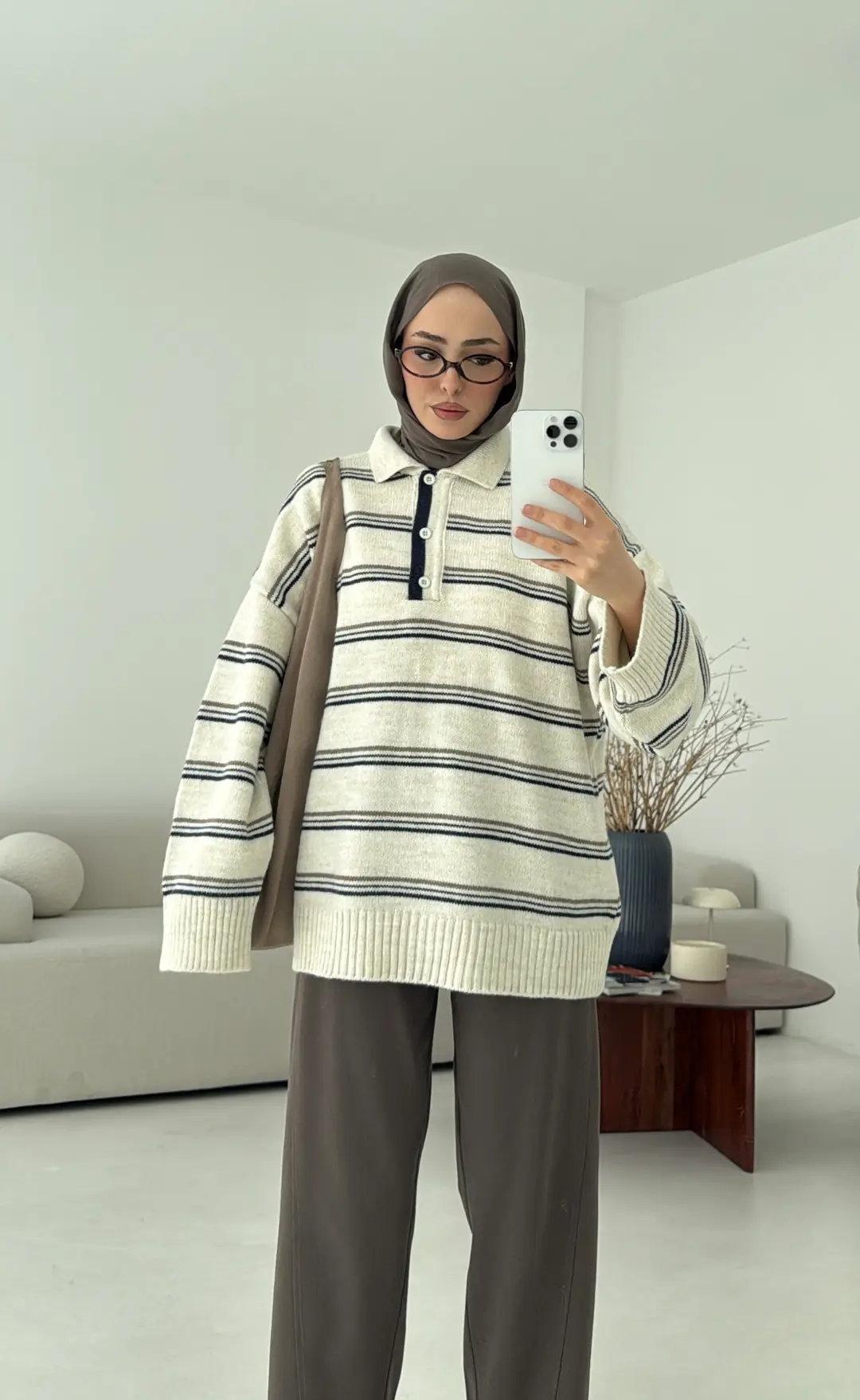 Çift Renk Polo Yaka  Kazak Ekru