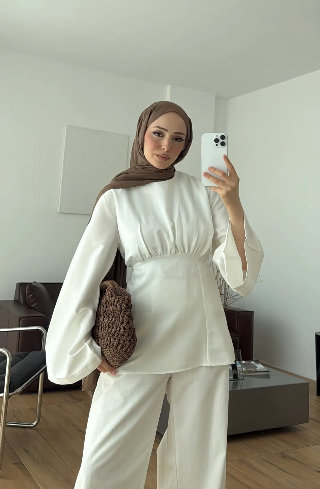 Bluzlu Pera Keten Takım Beyaz