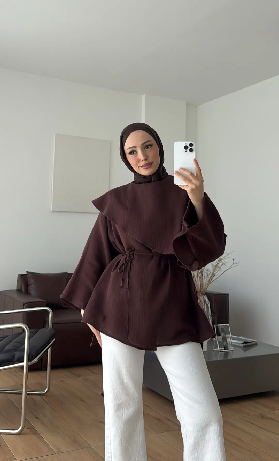 Şal Detaylı Müslin Bluz Kahve