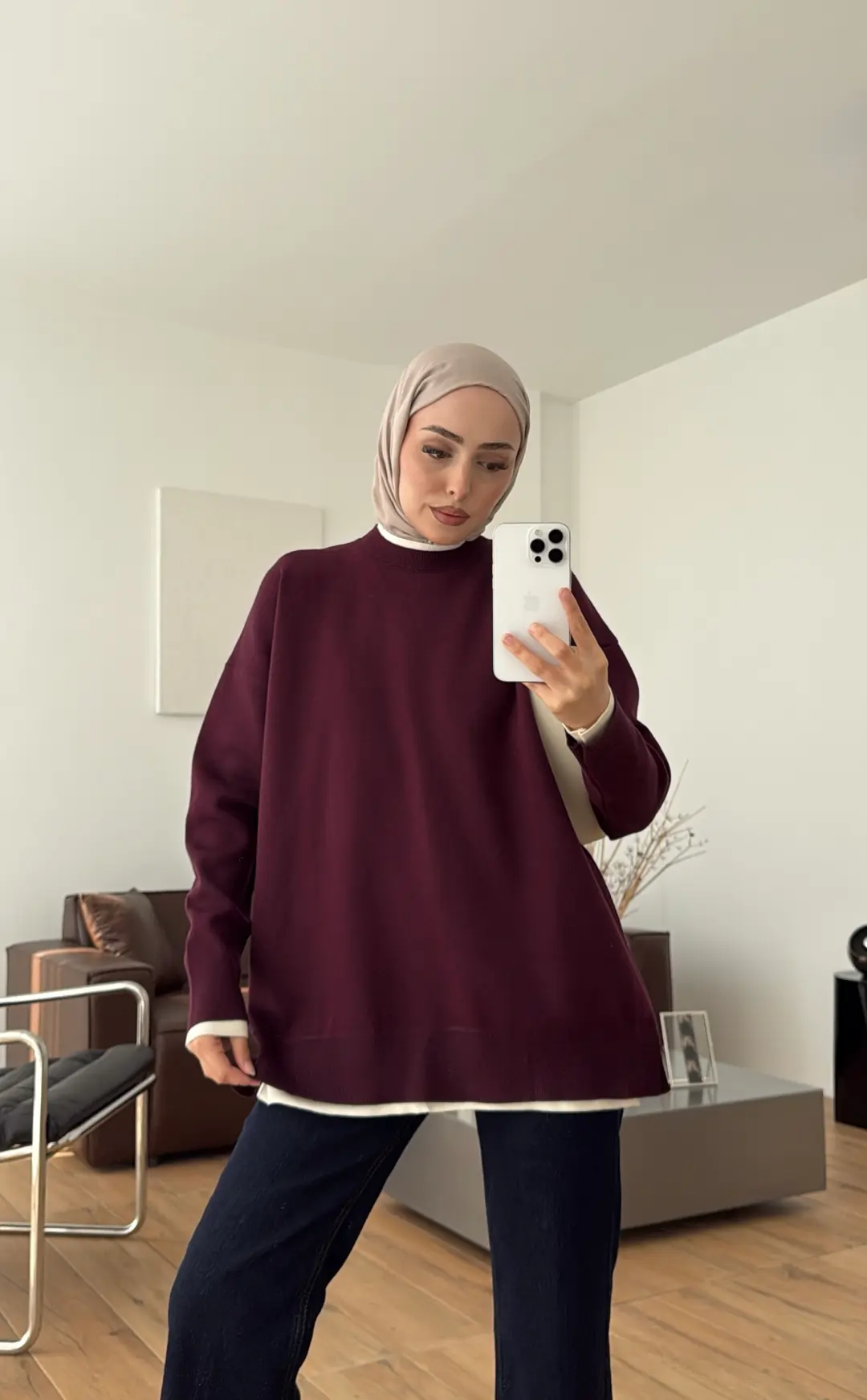 Kontrast Geçişli Triko Kazak Mürdüm