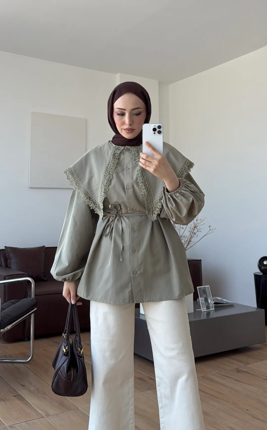Mendil Yaka Dantel Detaylı Gömlek Acık Yeşil