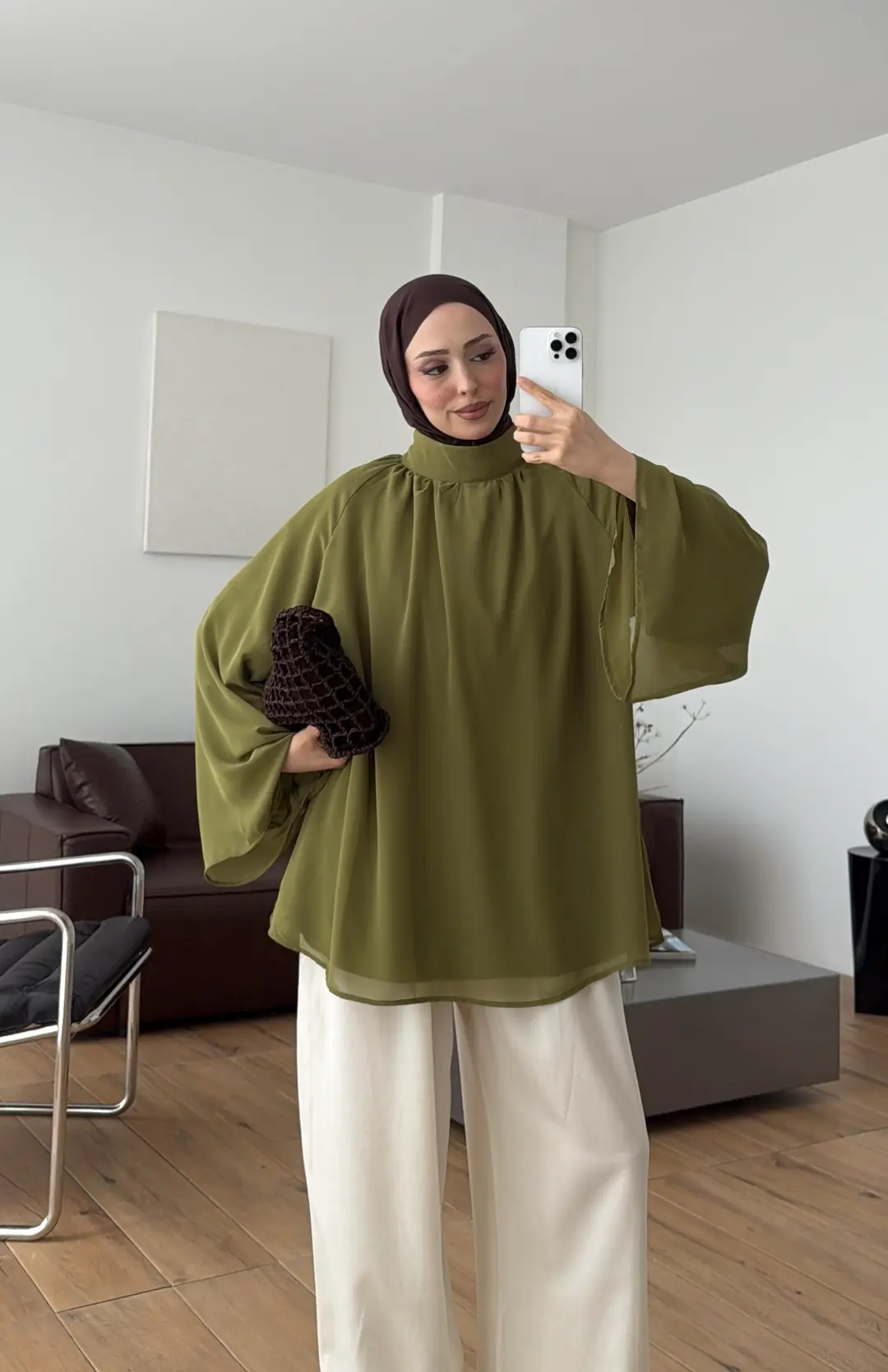 Şifon Dökümlü Bluz Olive