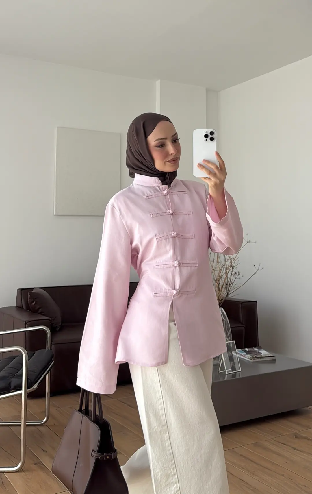 Süslü Düğmeli Keten Bluz Pembe