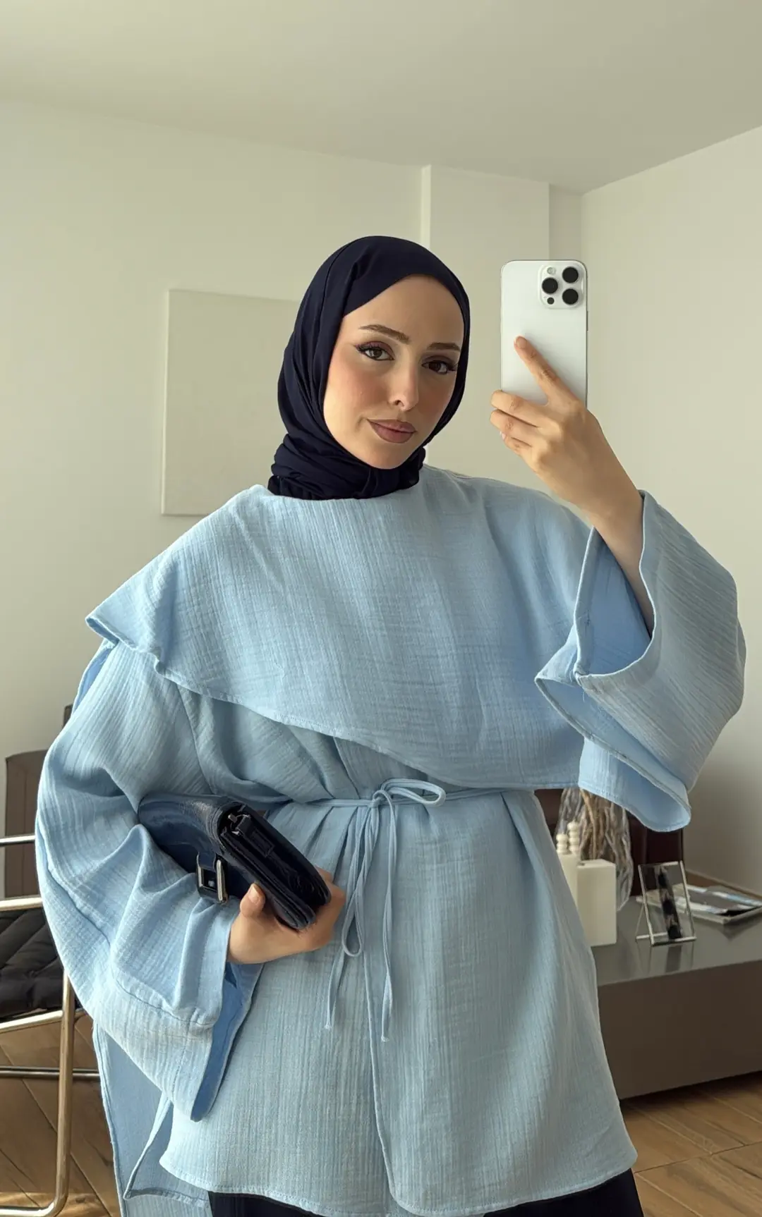 Şal Detaylı Müslin Bluz Mavi