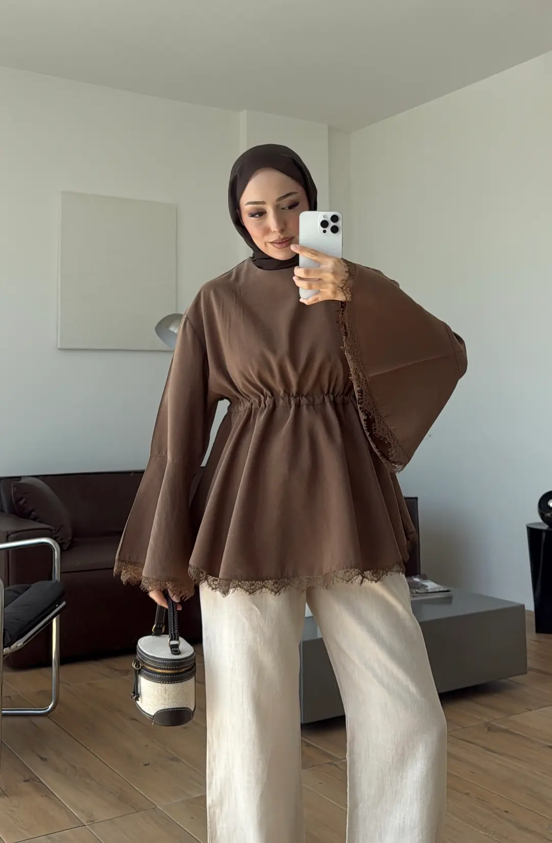 Lace Bel Detay Tunik Açık Kahve