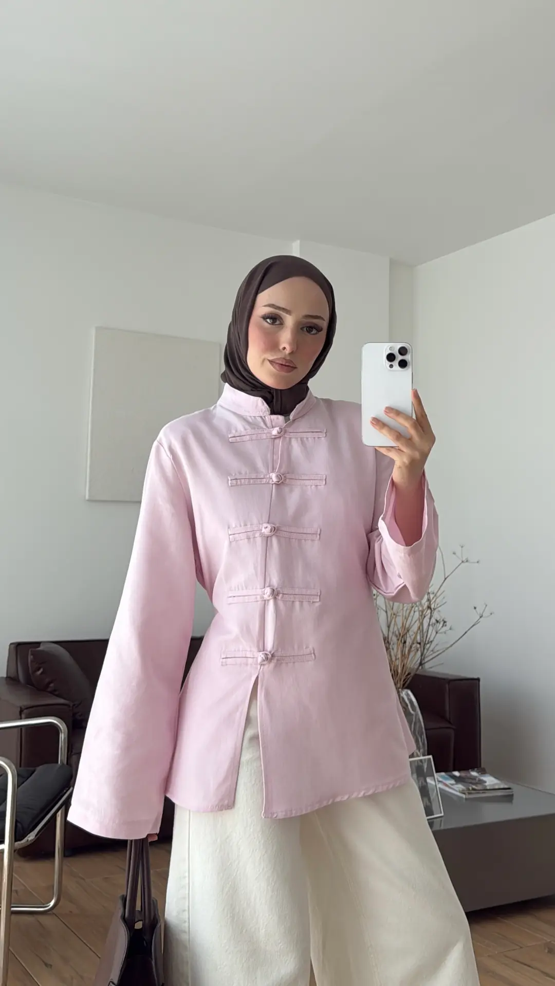 Süslü Düğmeli Keten Bluz Pembe