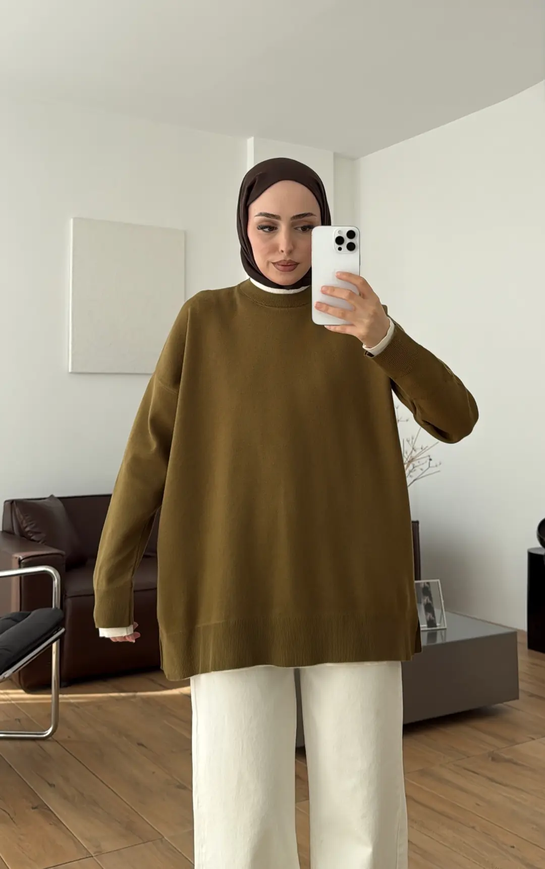 Kontrast Geçişli Triko Kazak Olive