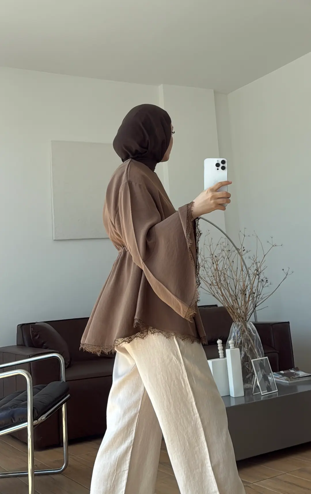 Lace Bel Detay Tunik Açık Kahve