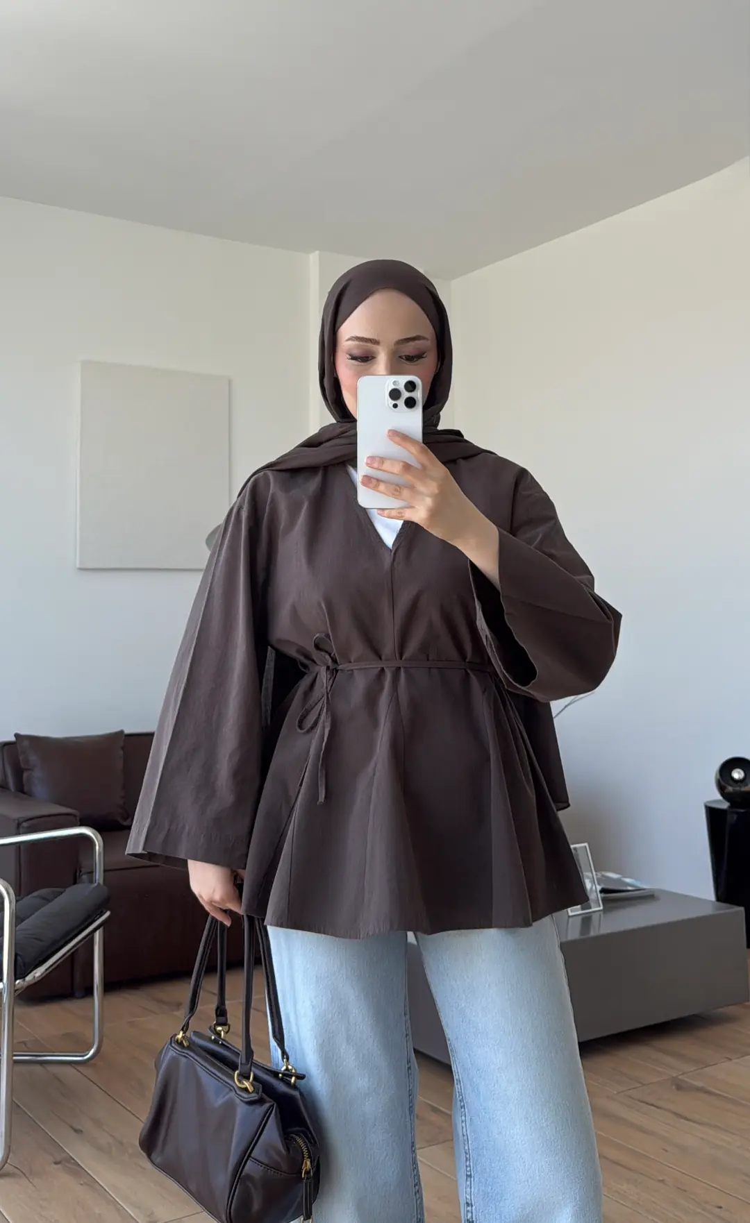 Volanlı Belden İpli Tunik Kahve