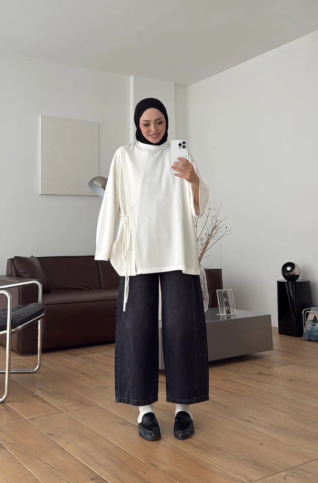 Yan Biye Bağlamalı Tunik Ekru