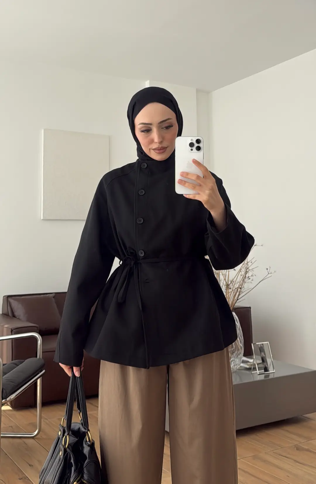 Bağcıklı Dik Yaka Ceket Siyah