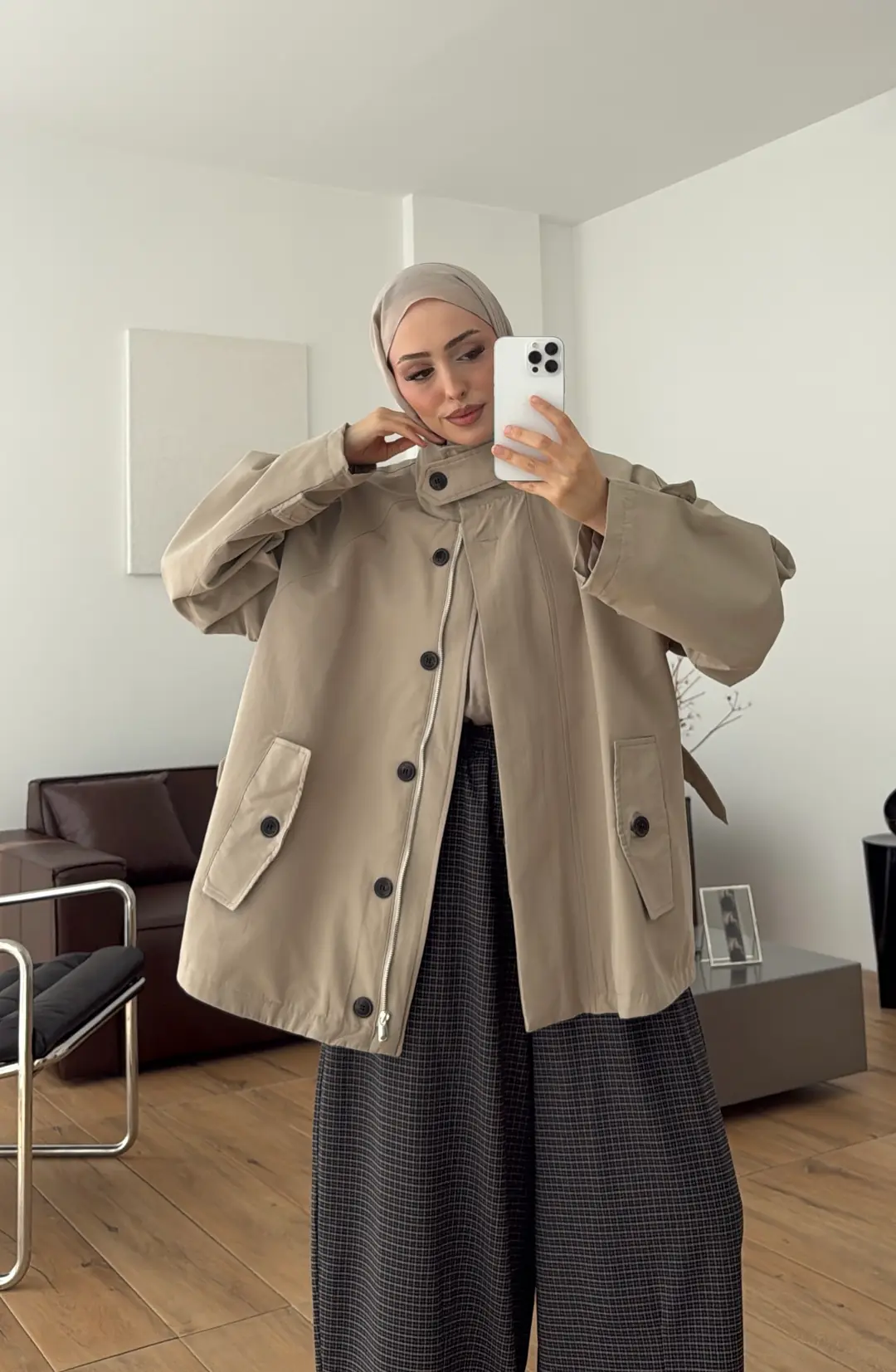Minimal Yakalı Trençkot Vizon