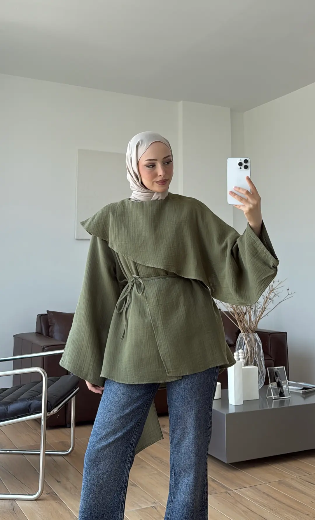 Şal Detaylı Müslin Bluz Haki