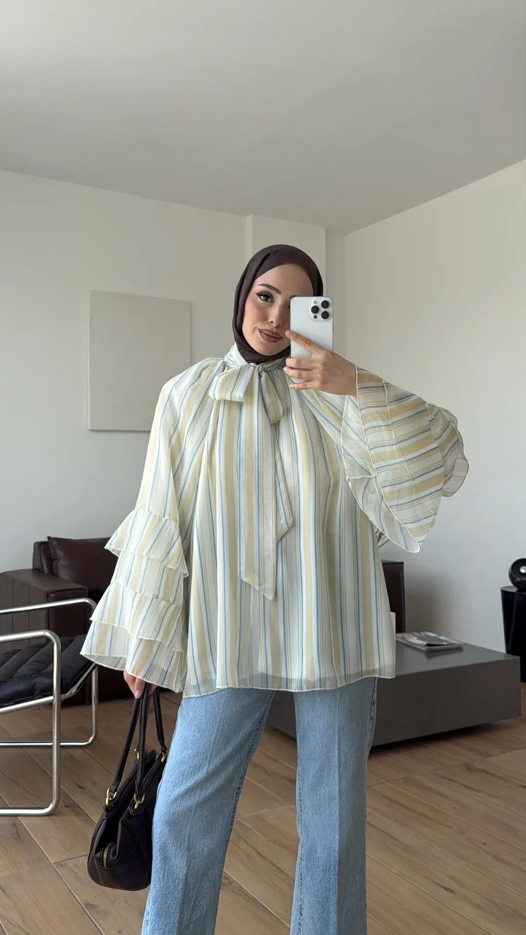 Oryo Çizgili Şifon Bluz Sarı