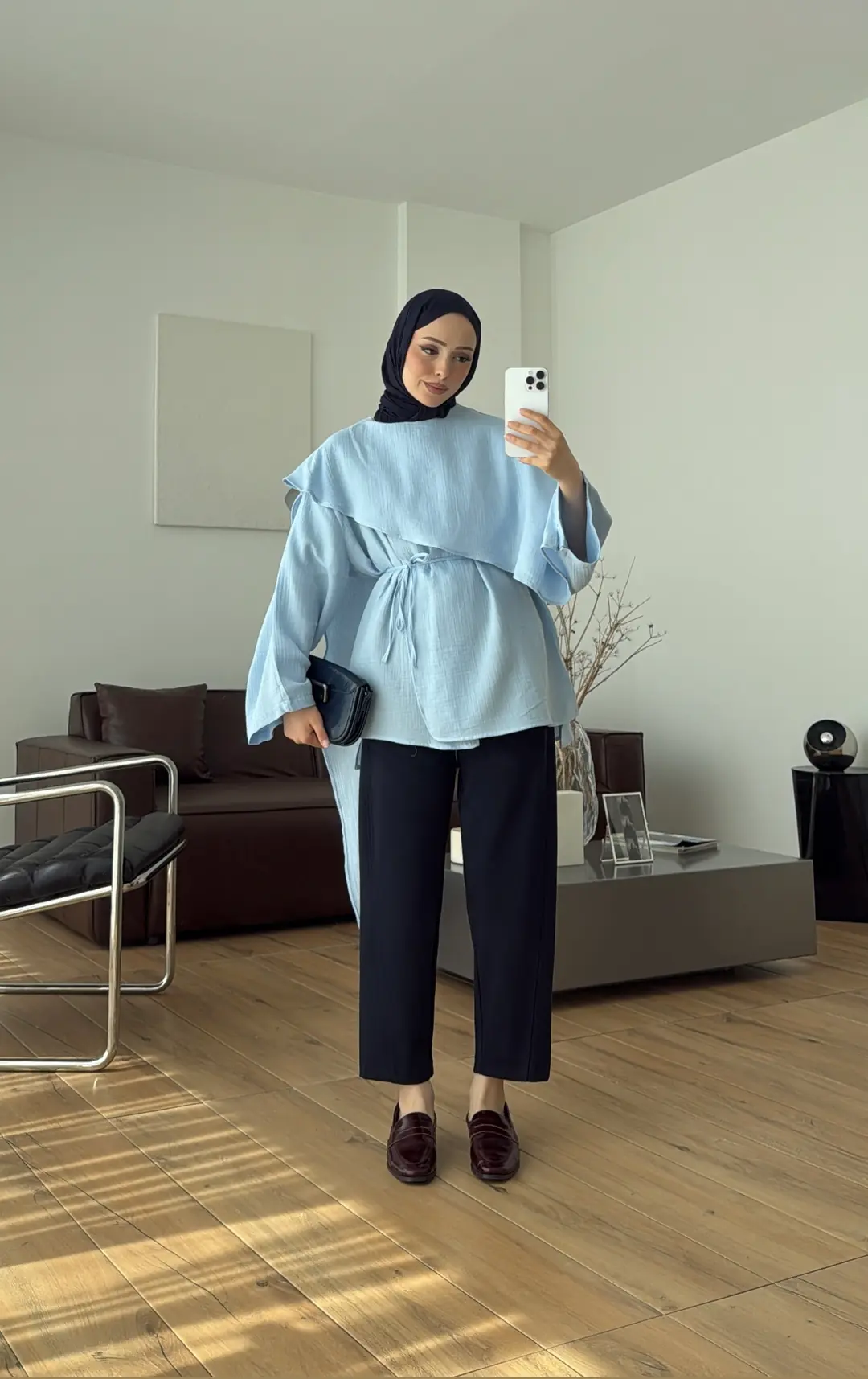 Şal Detaylı Müslin Bluz Mavi