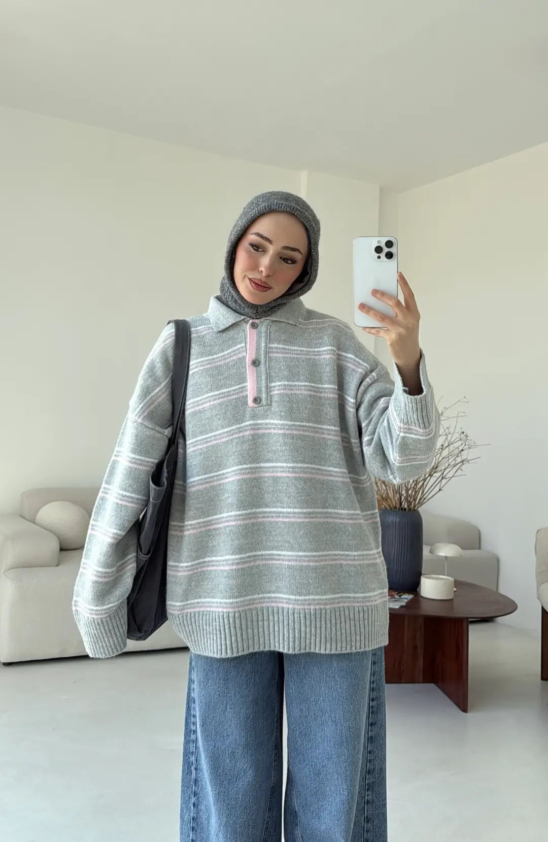 Çift Renk Polo Yaka  Kazak Gri
