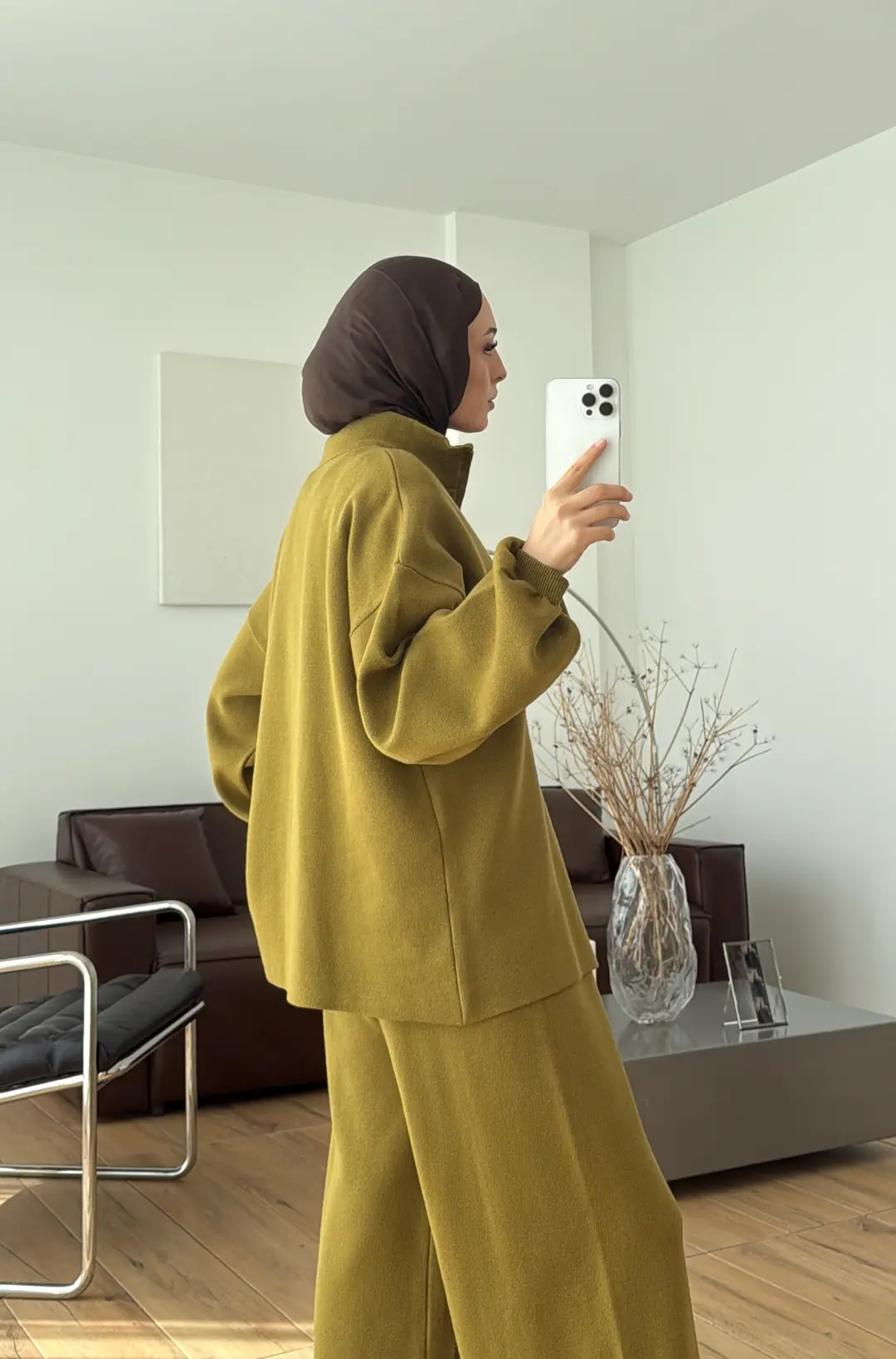 Çift Fermuarlı Tok Kumaş Triko Takım Hardal
