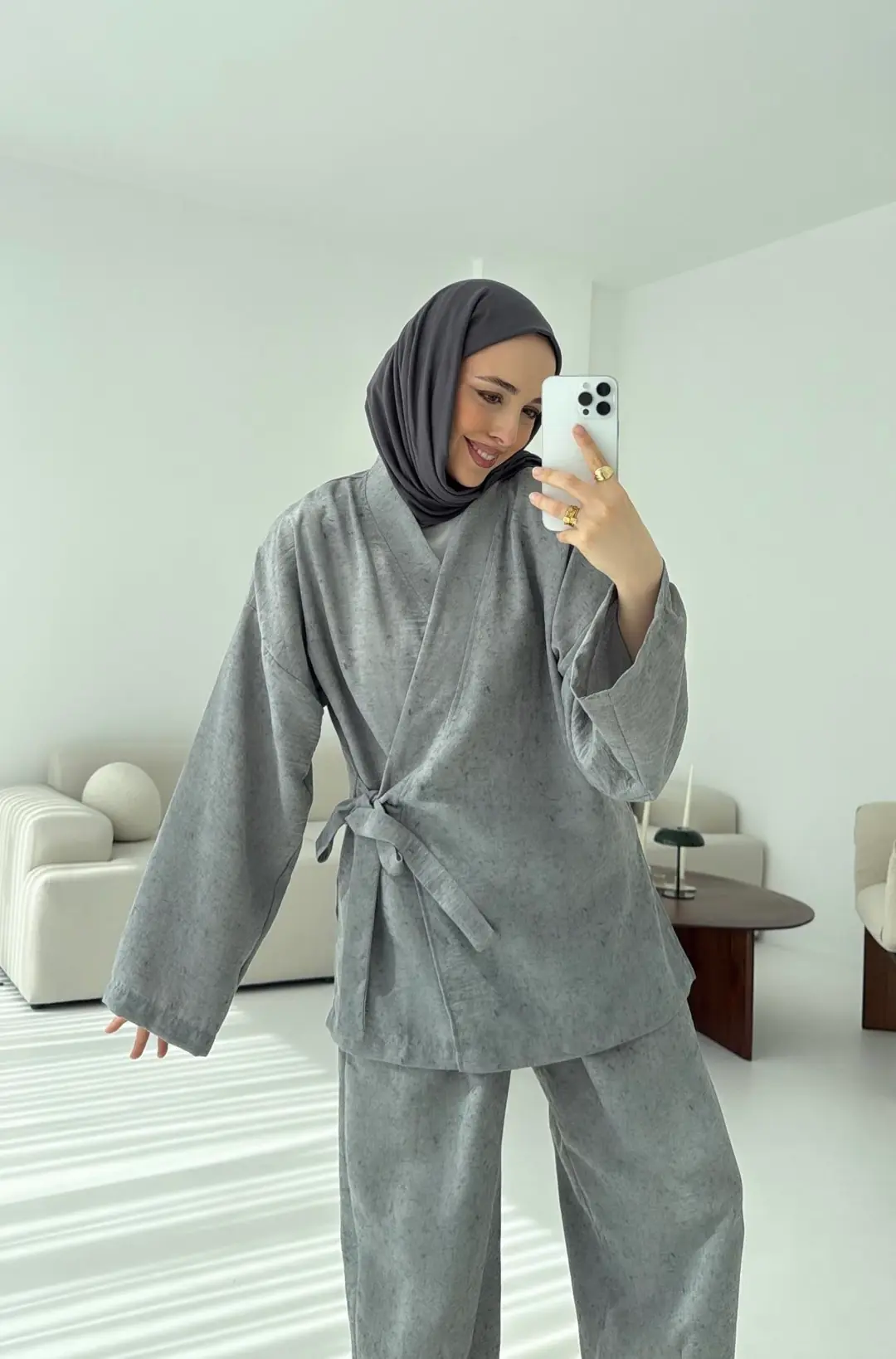 Kimono Pantolon Bambu Batik Takım Gri