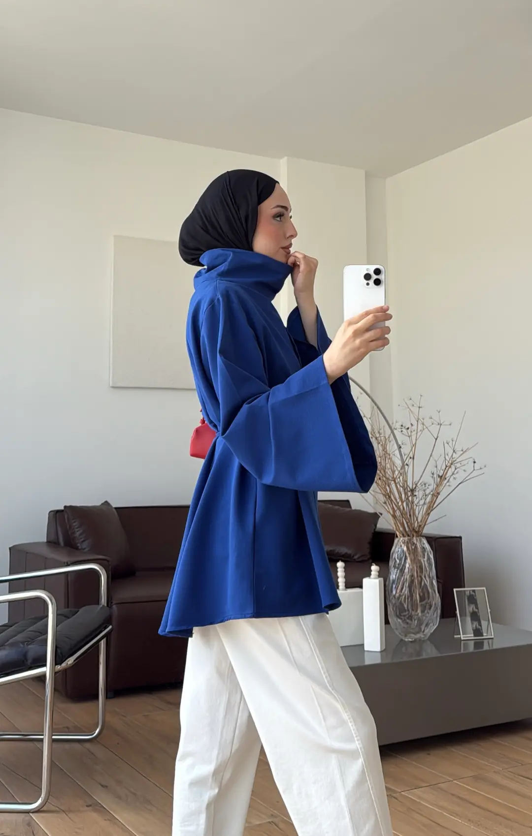 Bel Bağlamalı Dik Yaka Tunik Saks