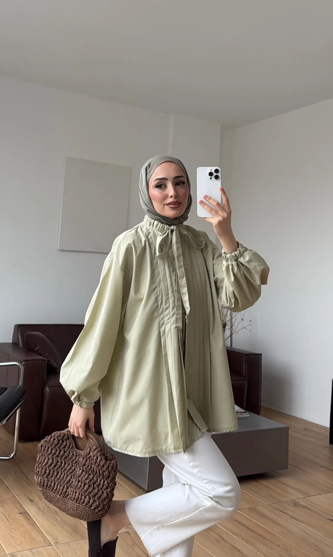 Pile Detaylı Kolları Lastikli Gömlek Küf Yeşili