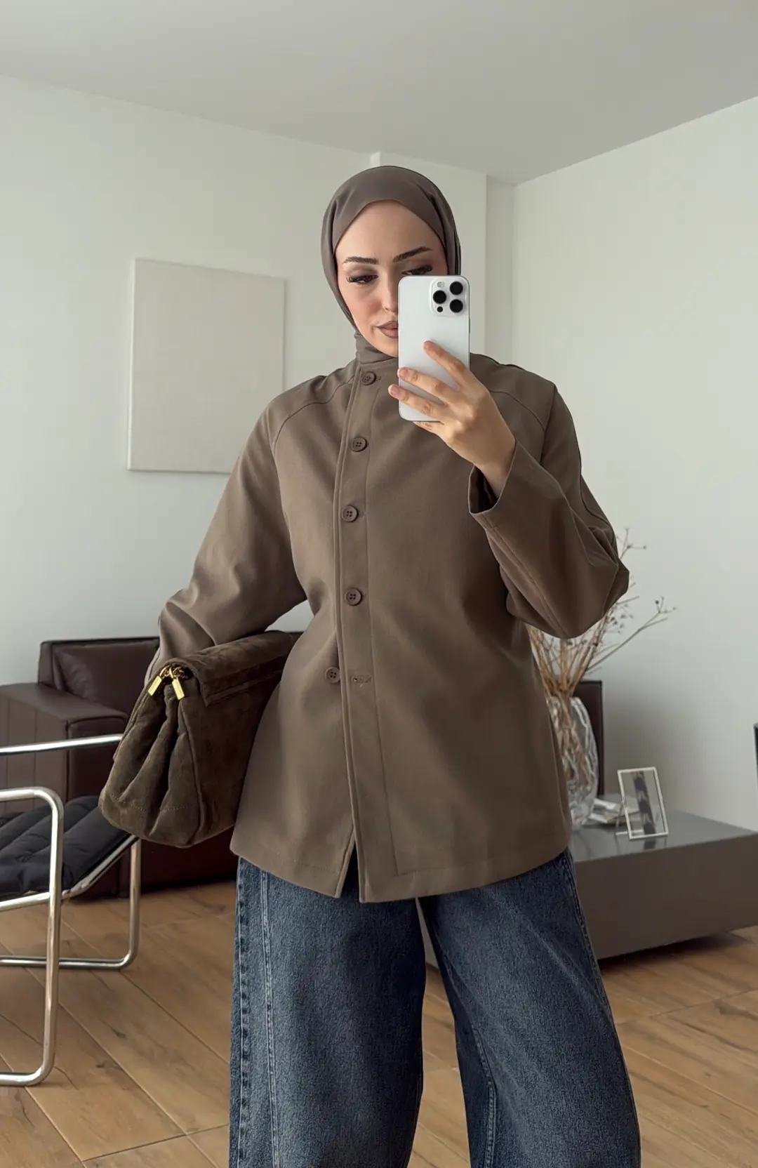 Bağcıklı Dik Yaka Ceket Vizon