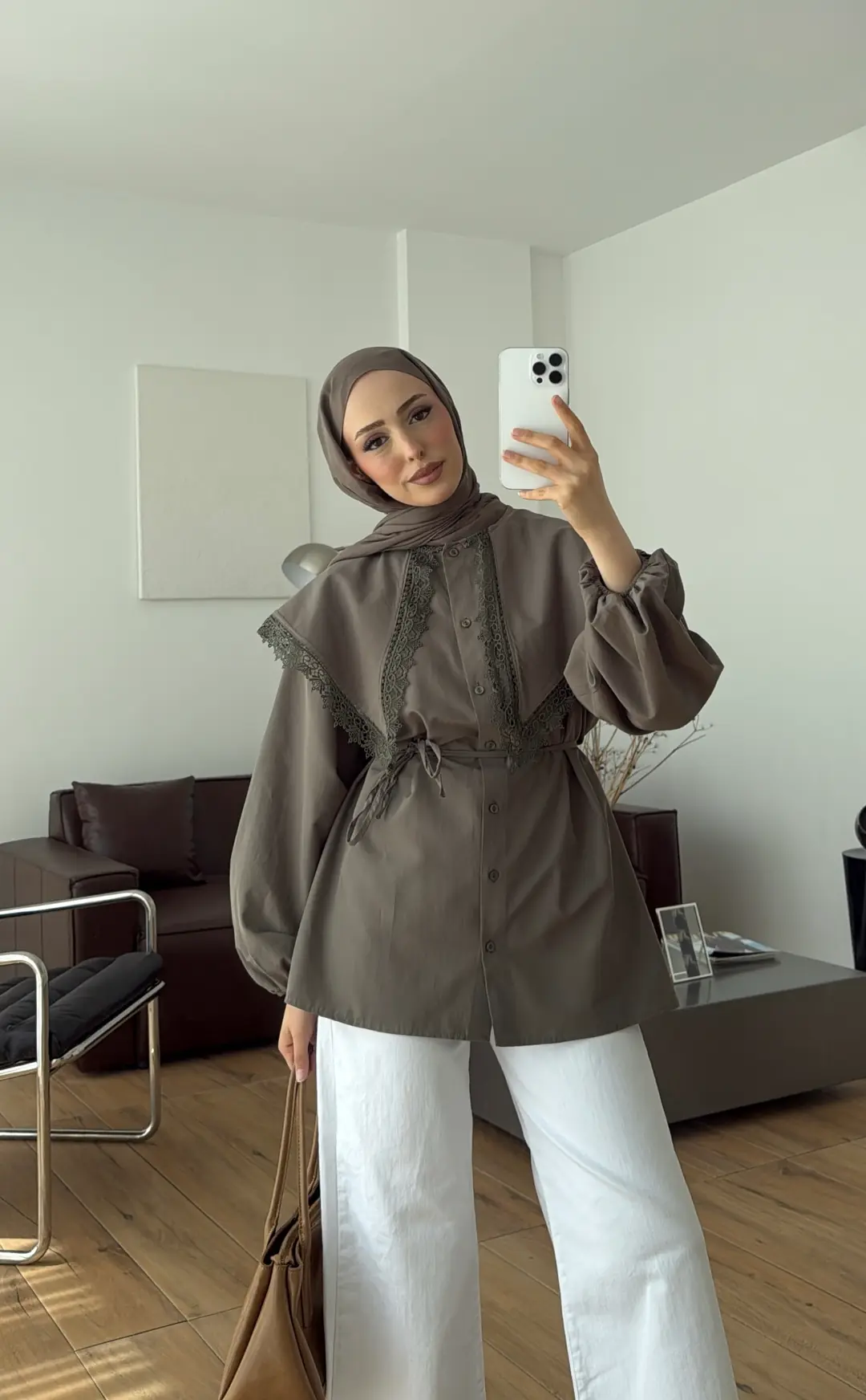 Mendil Yaka Dantel Detaylı Gömlek Haki