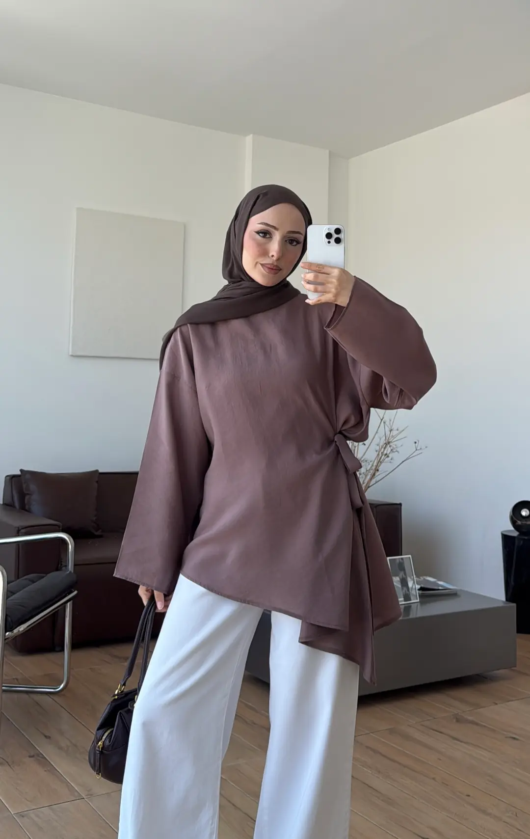 Yandan Bağlamalı Asimetri Bluz Vizon