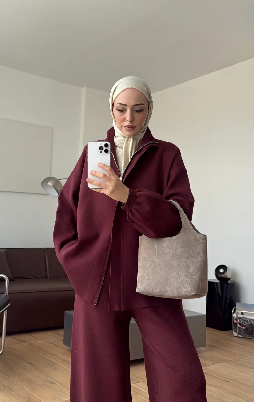 Çift Fermuarlı Tok Kumaş Triko Takım Bordo