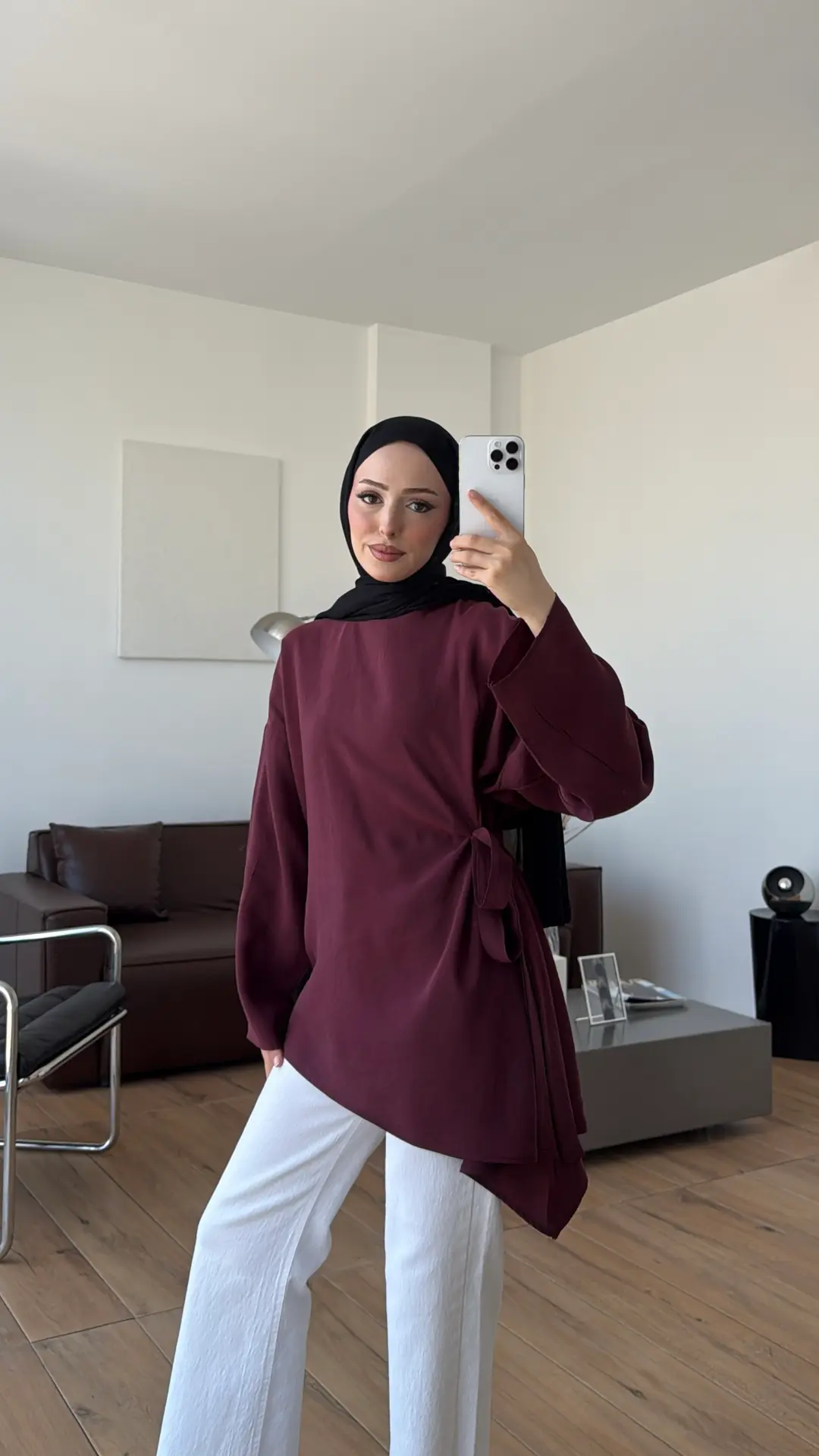 Yandan Bağlamalı Asimetri Bluz Bordo