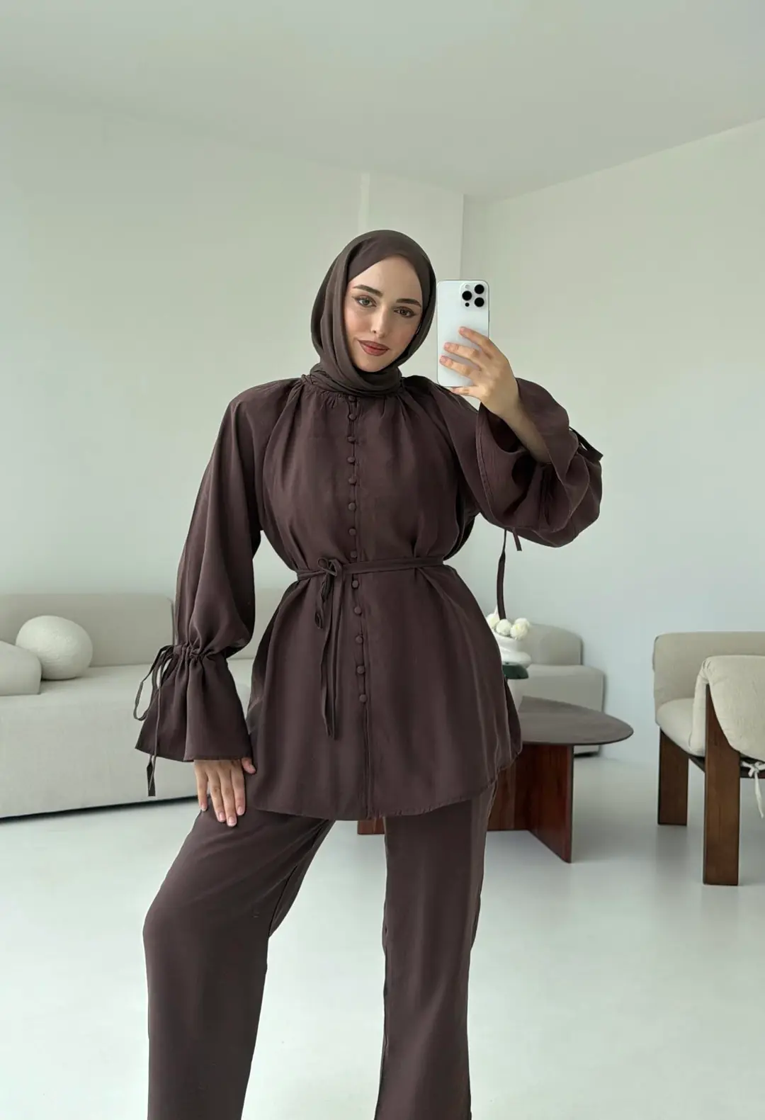 Birit  Düğmeli Tencel Takım Kahve
